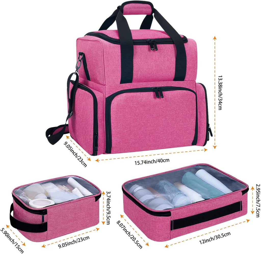 Large Makeup Cosmetic Bag with 3 Removable Case and 2 Removable Dividers Double Layer Travel Storage Organizer, Makeup Brushes Storage Section Rose Red