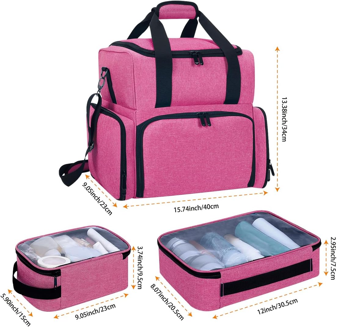 Large Makeup Cosmetic Bag with 3 Removable Case and 2 Removable Dividers Double Layer Travel Storage Organizer, Makeup Brushes Storage Section Rose Red