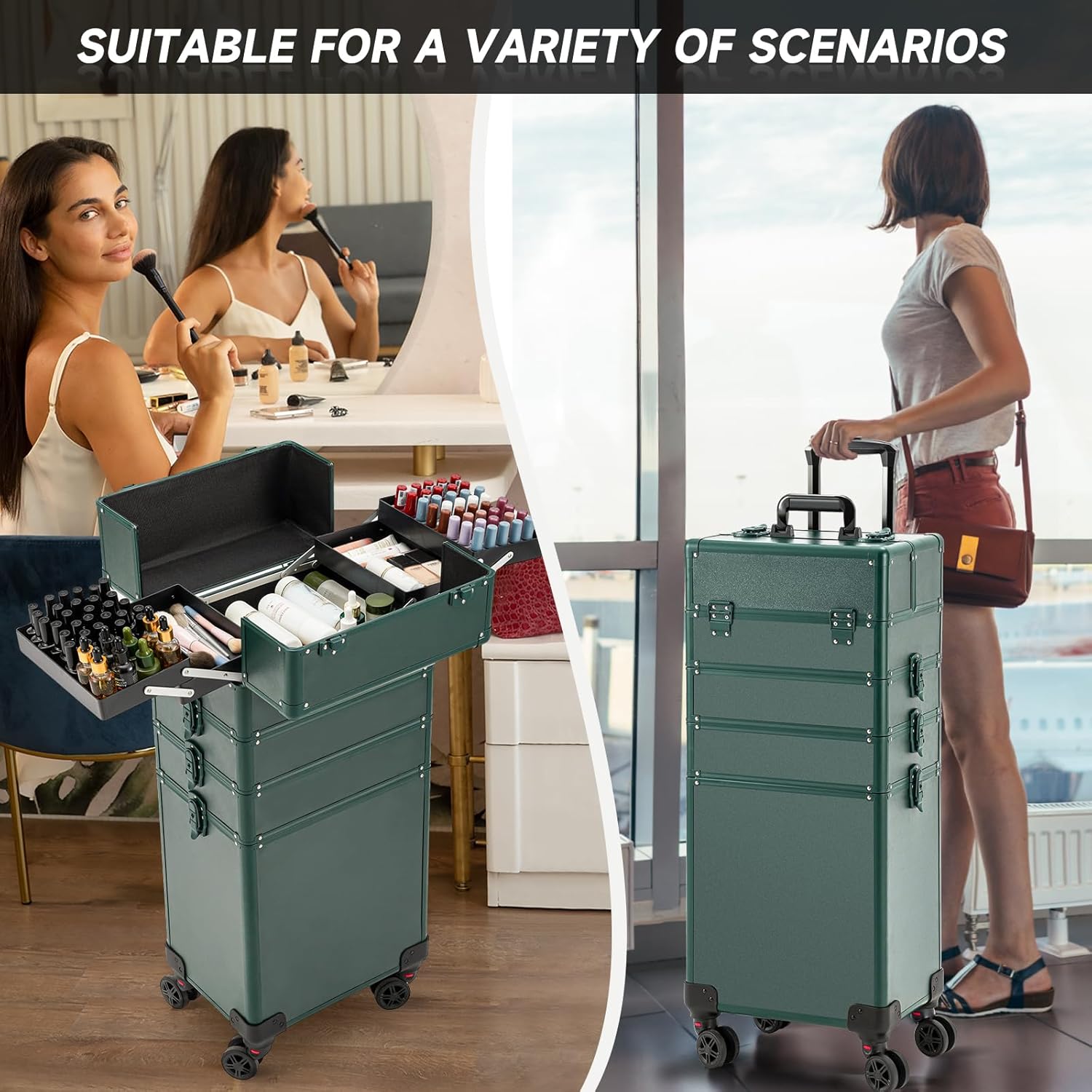 Leeora&Leekoo Portable Multi-Storey Nail Case for Nail Tech Organizer - Wheels Makeup Case Organizer, Cosmetic Case, Makeup Train Case, Make Up Case (Green)