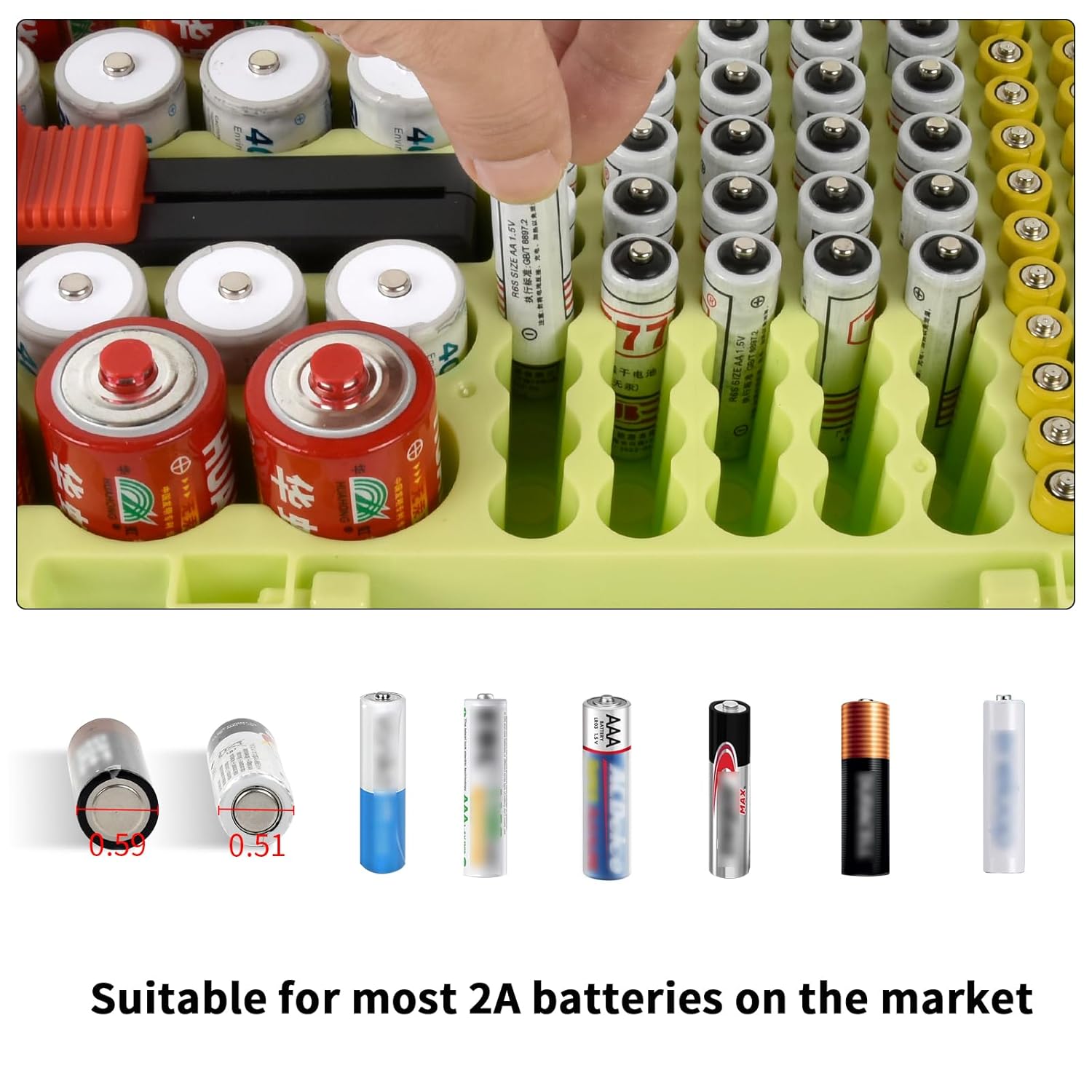 Battery Organizer Storage Case with Tester Checker. Batteries Holder Box Container for 120+ AA AAA 9V C D Lithium CR2025 CR1632 CR2032 Coin Cell Battery with Wall-Mounted Design -Green