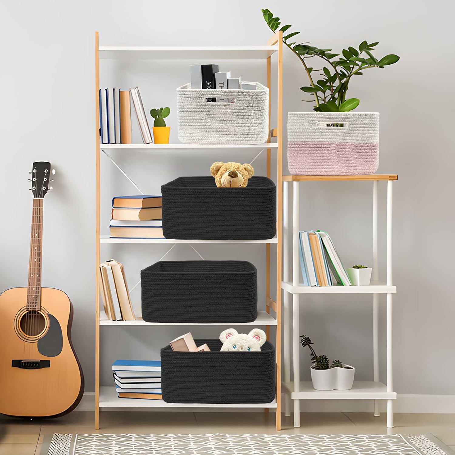 COMFY-HOMI 3 pcs Large Storage Baskets for Shelves, Laundry Basket, Woven Rope Basket, Closet Organizer Bins for Clothes Blanket Towels, Baby Nursery, Gift Toy Baskets, 17” x 13” x 7.5”-Black