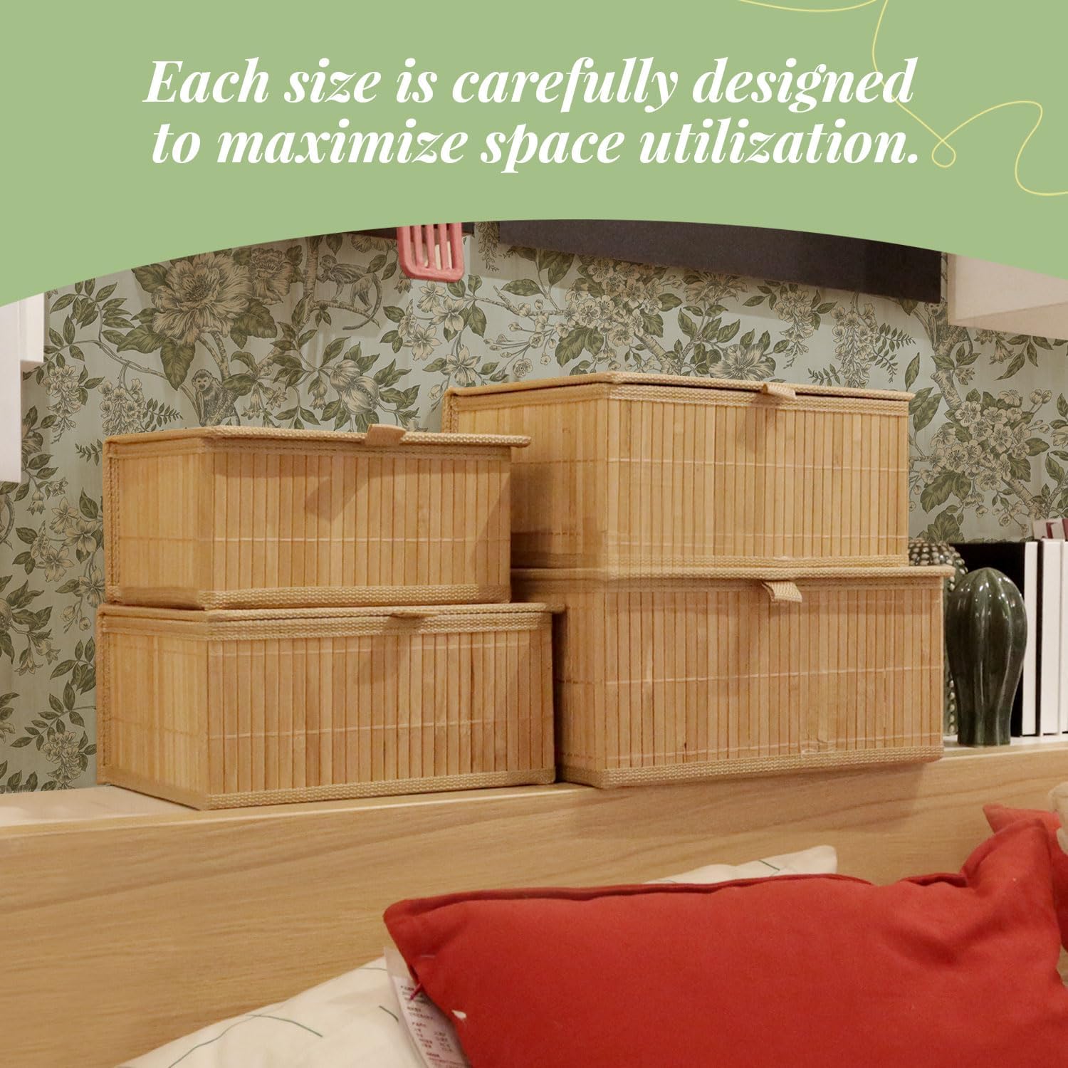 Wicker Basket With Lid Bamboo Storage Box for Shelf Bamboo Decor Storage Boxes With Lids-Rectangle Decorative Basket With Lid Organizer for Bedroom,Living Room (Set of 4,natural)