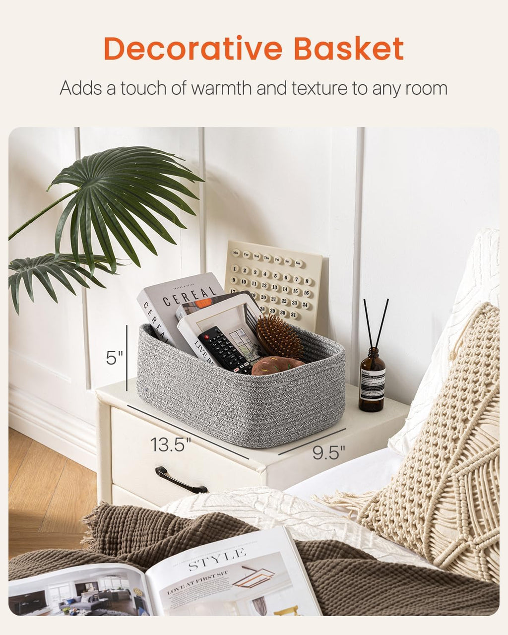 Small Woven Basket, 13.5 x 9.5 x 5 Inches, Storage Basket for Organizing, Cute Small Rope Shelf Closet Cube Storage Bins Baskets for Shelves, Dog Toy Gift Baskets Empty, 3 Packs, Mixed Grey
