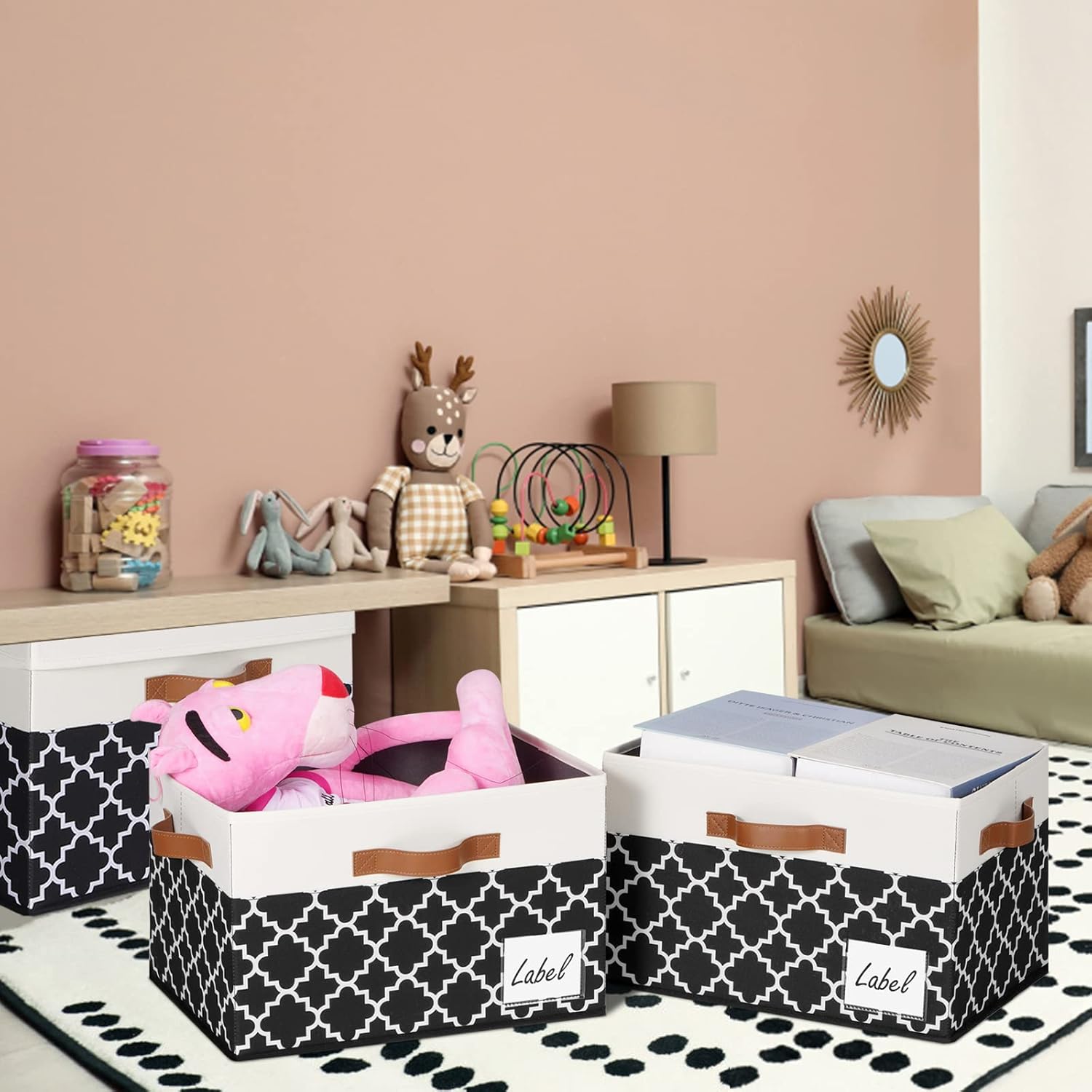 GhvyenntteS Fabric Storage Bins with Lids 3 Pack, Foldable Fabric Storage Boxes with Lids and 3 Handles, Sturdy Closet Organizers and Storage Bins with Label Window for Home (White&Lattice Black)