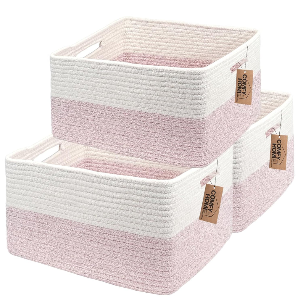 COMFY-HOMI 3 pcs Large Storage Baskets for Shelves, Laundry Basket, Woven Rope Basket, Closet Organizer Bins for Clothes Blanket Towels, Baby Nursery, Gift Toy Baskets, 17” x 13” x 7.5”-White/Pink