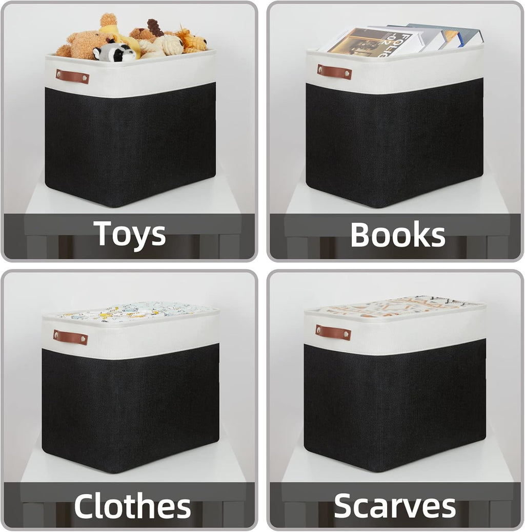 HNZIGE Baskets Shelf Baskets for Clothes 2 Pack Large Storage Bins Fabric Baskets for Organizing, Collapsible Rectangular Canvas Linen Storage Basket with Handles for Storage Closet (White&Black)