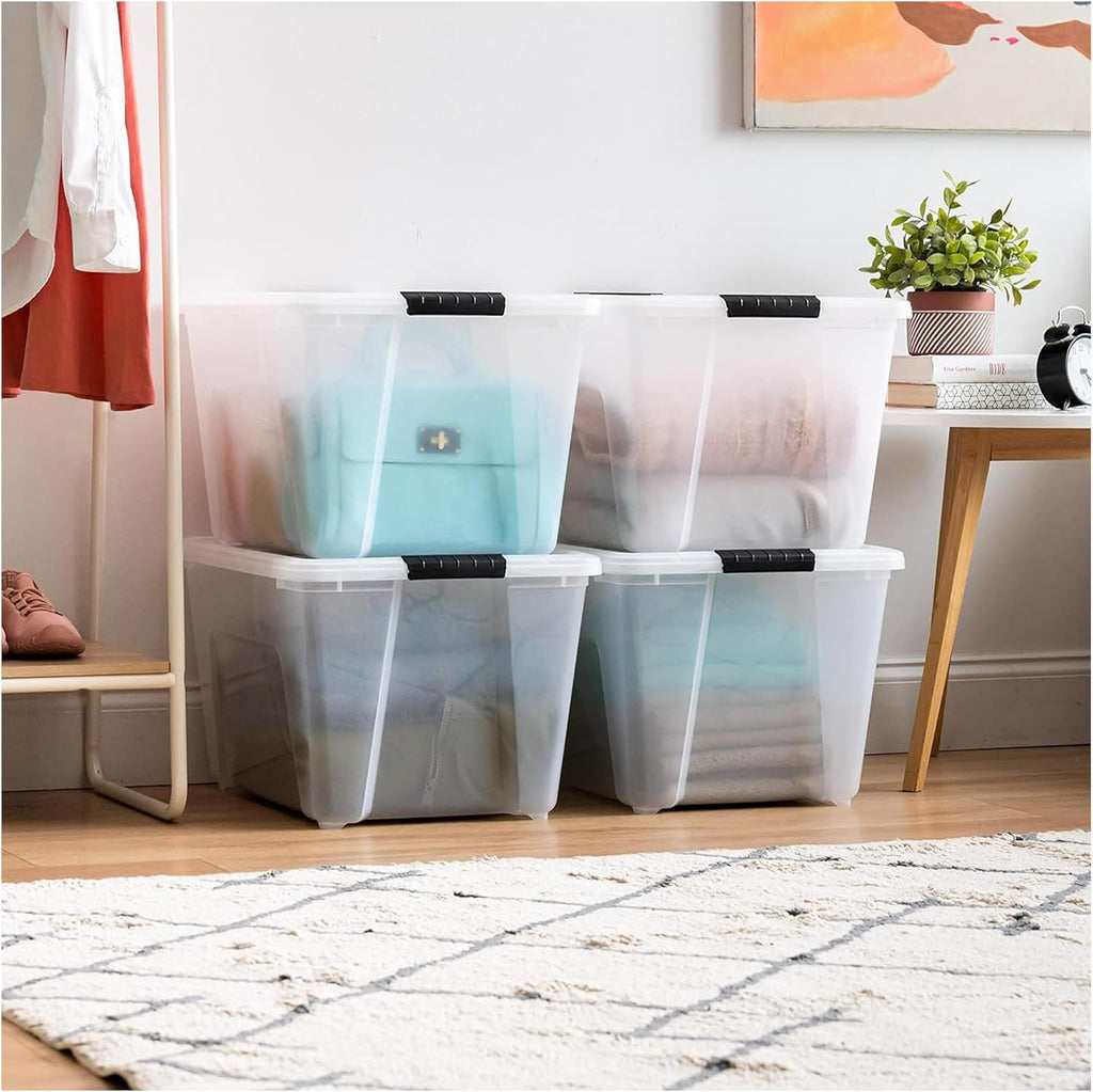 IRIS USA 51 L (54 QT) Plastic Storage Box with Lid and Latches - 4 Pack - BPA-Free, See-Through Organizing Solution, Durable Nestable Stackable Containers, Secure Pull Handle - Clear