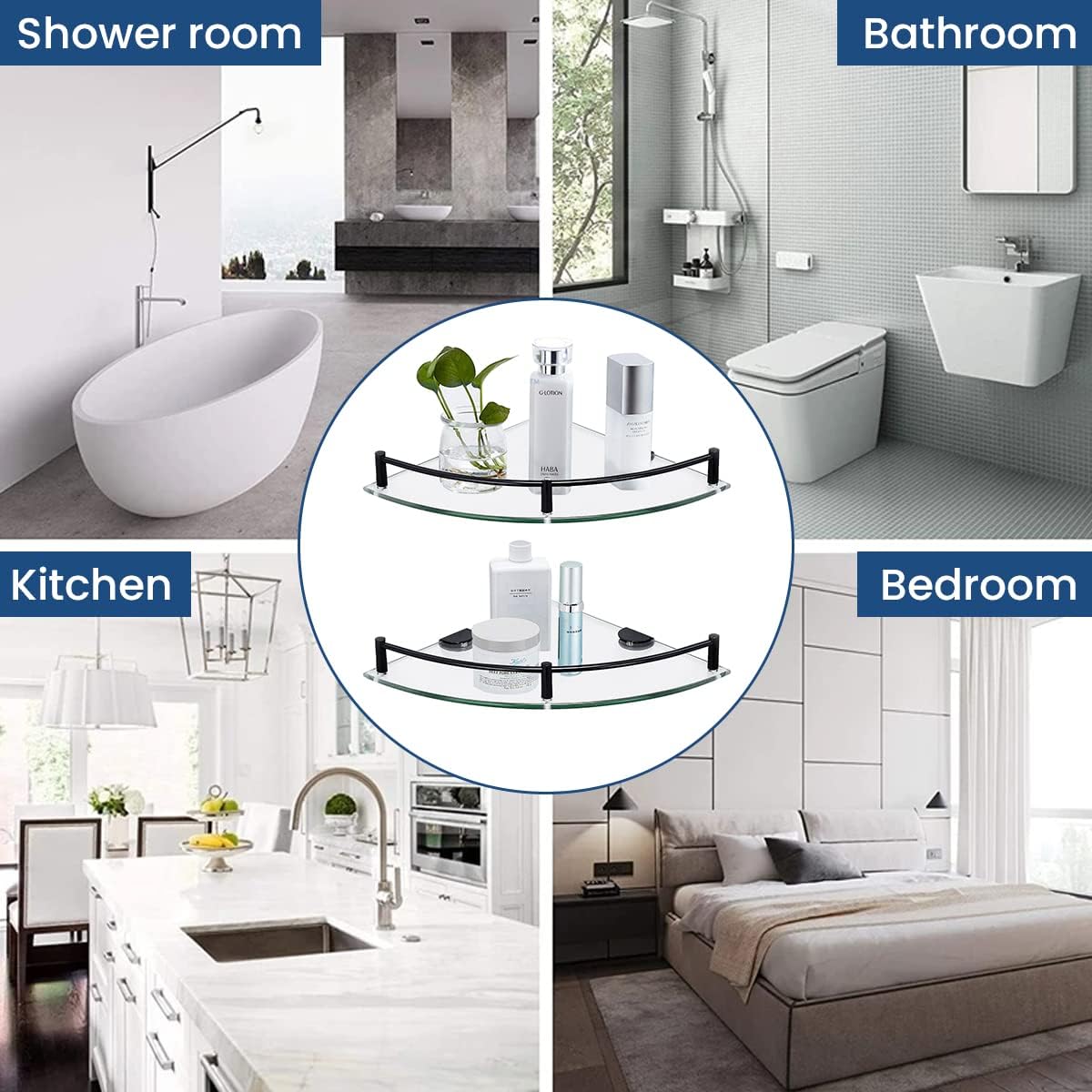 Glass Shelf Bathroom Floating Shower Corner Shelves Shampoo Holder with Rail Wall Esquinero para Baño for Inside Shower 2 Pack