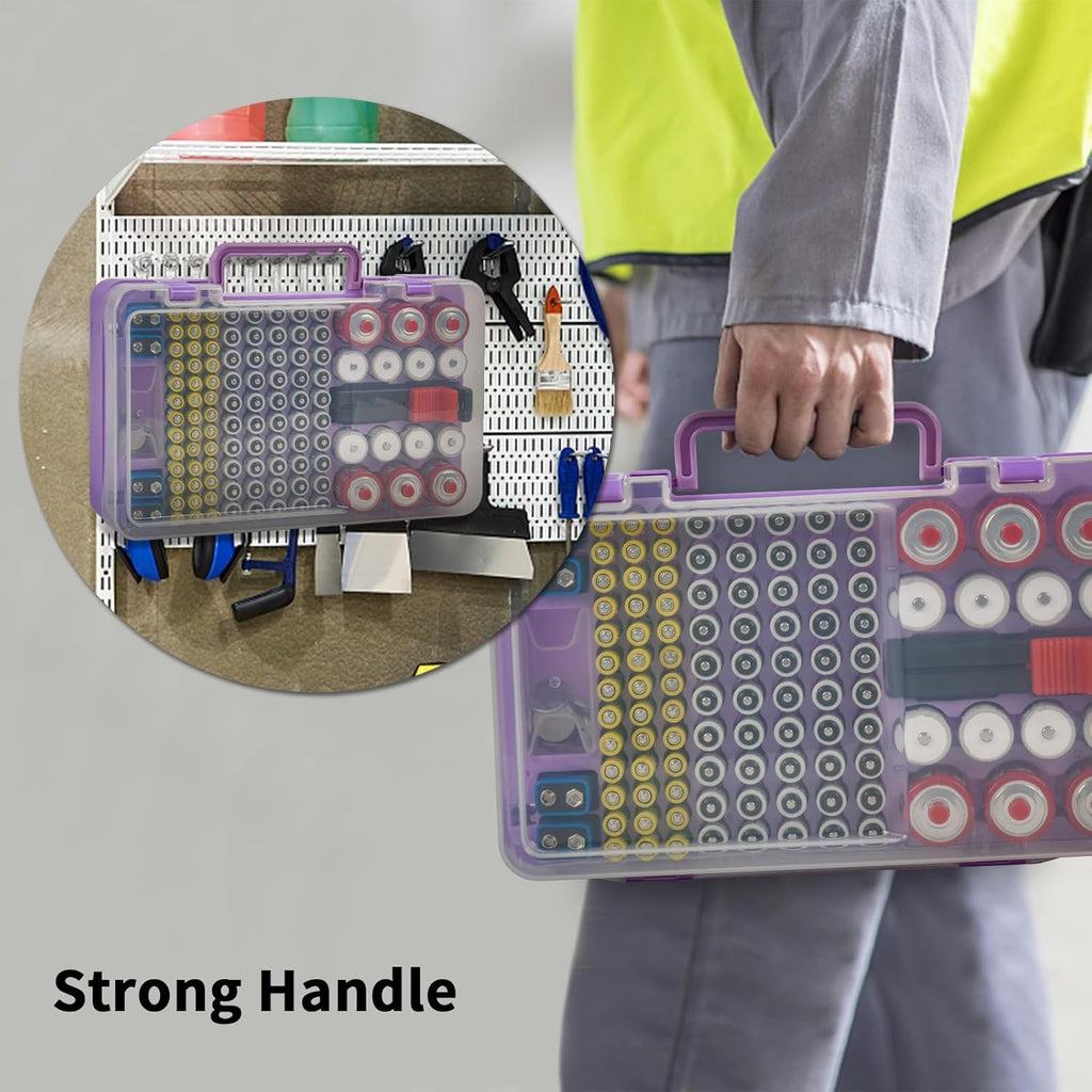 Battery Organizer Storage Case with Tester Checker. Batteries Holder Box Container for 120+ AA AAA 9V C D Lithium CR2025 CR1632 CR2032 Coin Cell Battery with Wall-Mounted Design -Purple