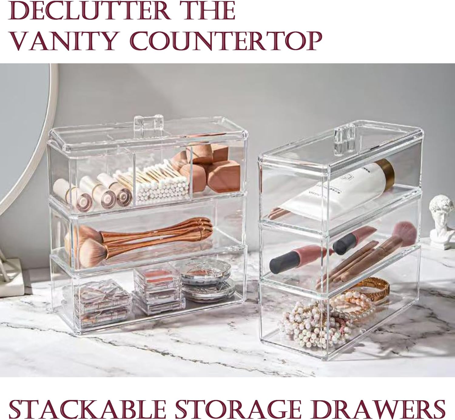 Hair Accessories Organizer for Girls - 2-Pack Clear Acrylic Stackable Drawers with Lids, Bathroom Vanity Storage for Clips, Scrunchies, Bobby Pins, Kids’ Bedroom & Dorm Organizer