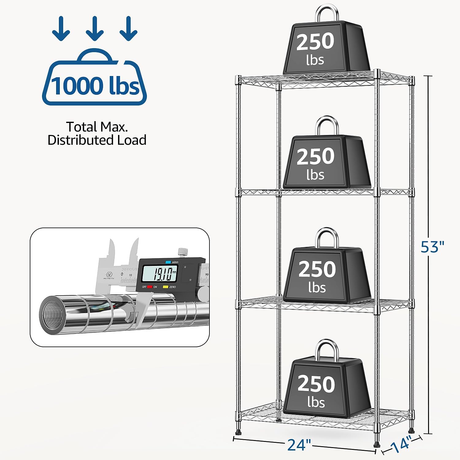 1000 lbs 4Tier Shelf Metal Storage Shelves Wire Rack Closet Organizers with Wheel for Garage Kitchen Bathroom Laundry Chrome 13.7" D x 23.6" W x 53.4" H