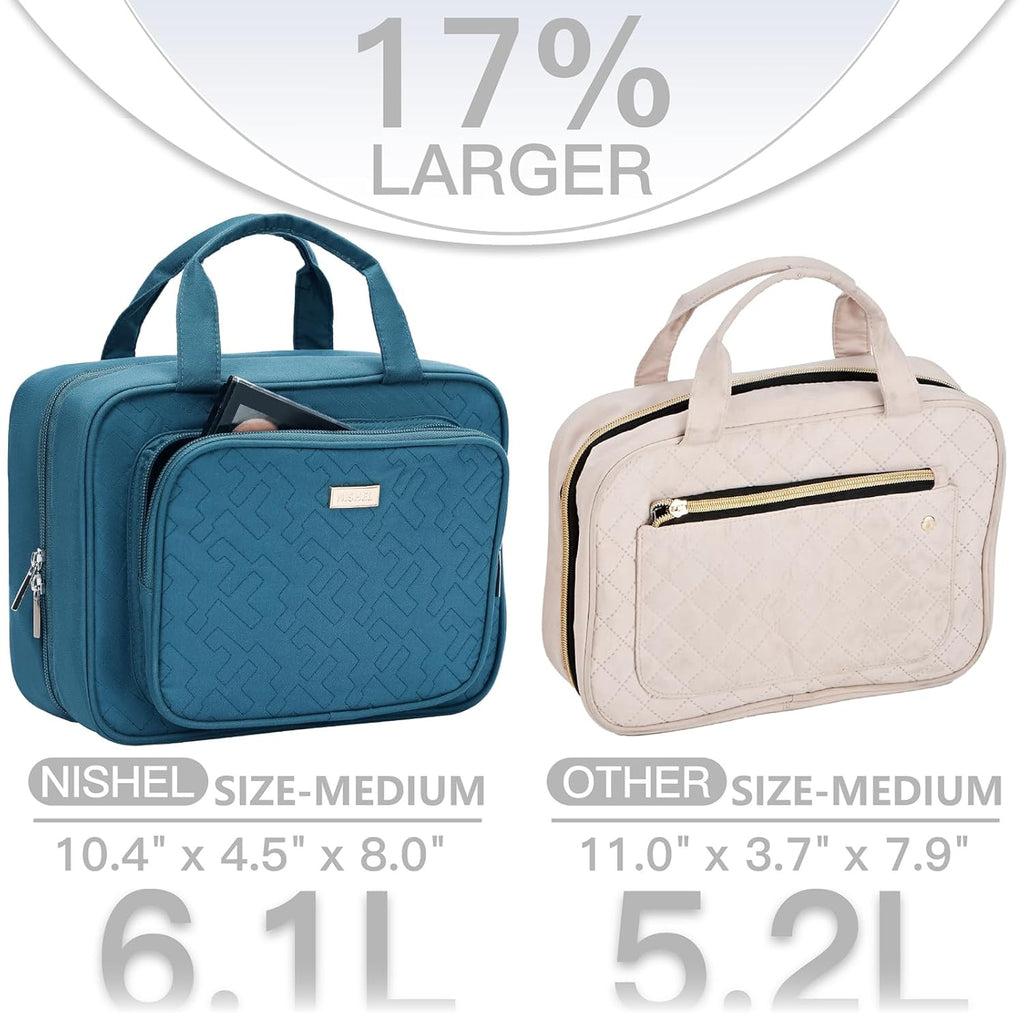 NISHEL Travel Toiletry Bag for Women, Makeup Essentials Organizer, Hanging Case for Accessories, Cosmetics, Medium Size, Lake-Blue