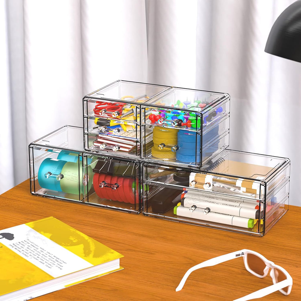 Cq acrylic Clear Stackable Storage Drawers,Plastic Makeup Organizer and Bathroom Storage Bins WIth 9 Drawers For Make up,Medicine,Craft,Pen,Beauty and Office Supply Organizer