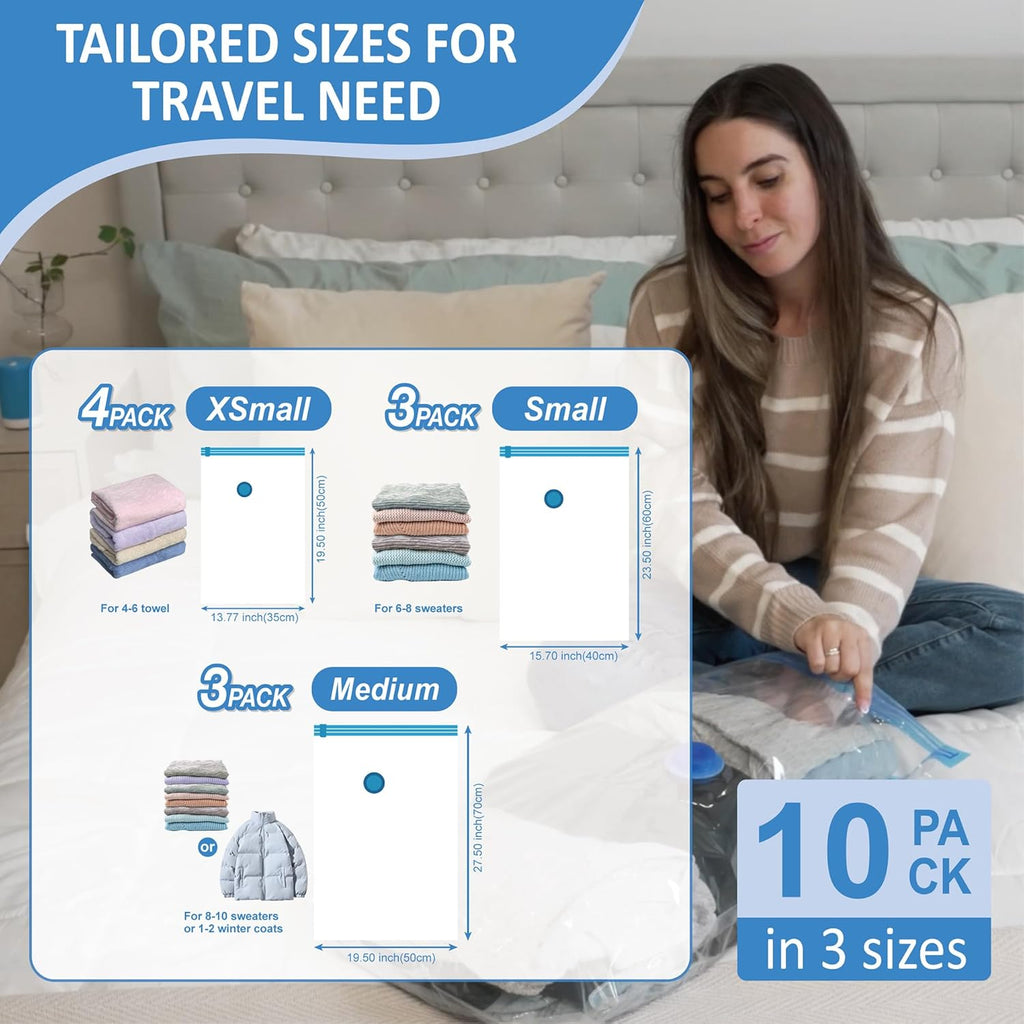 10 Pack Travel Vacuum Storage Bags with Rechargeable Wireless Electric Pump for Luggage, Suitcase, Carry-on Size Vacuum Seal Compression Space Saver Bags for Clothes and Clothing Travel