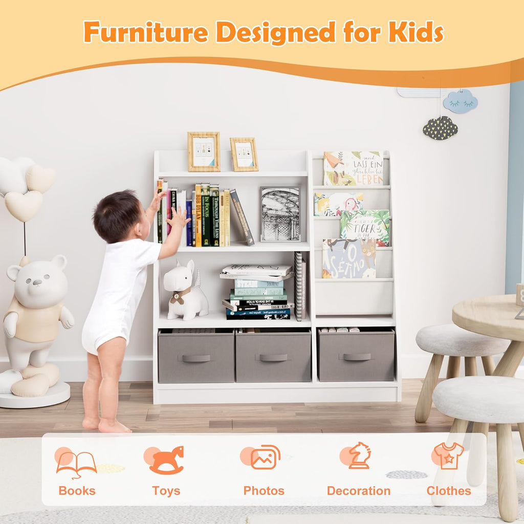 White Kids Bookshelf Wood Montessori Toy Storage Organizer Cabinet Shelf Child Bookcase Toddler Baby Sling Book Rack 3 Cube Bin Fabric Drawers for Playroom Bedroom Nursery School