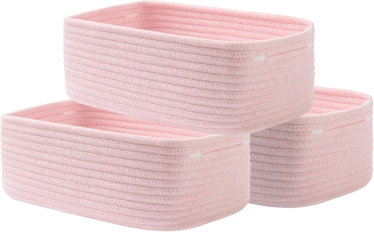 Small Woven Basket, 12 x 8 x 4.5 Inches, Storage Basket for Organizing, Cute Small Rope Shelf Closet Cube Storage Bins Baskets for Shelves, Dog Toy Gift Baskets Empty, 3 Pack Light Pink