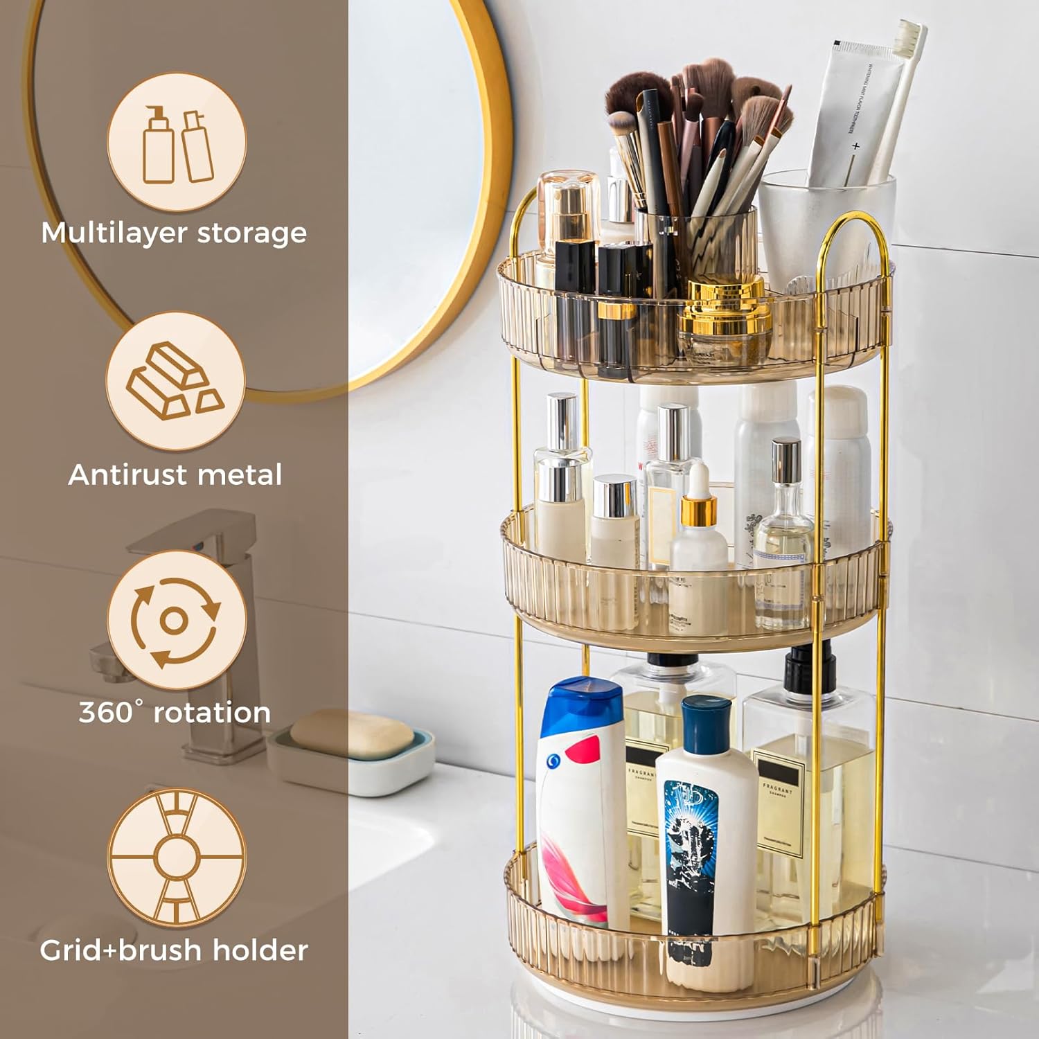 360° Rotating Makeup Organizer, Upgraded 3 Tier Skincare Perfume Organizers for Women, Bathroom Organizer Countertop, Clear Cosmetic Dresser Organizer with Makeup Brush Holder, Sink&Counter(Amber)