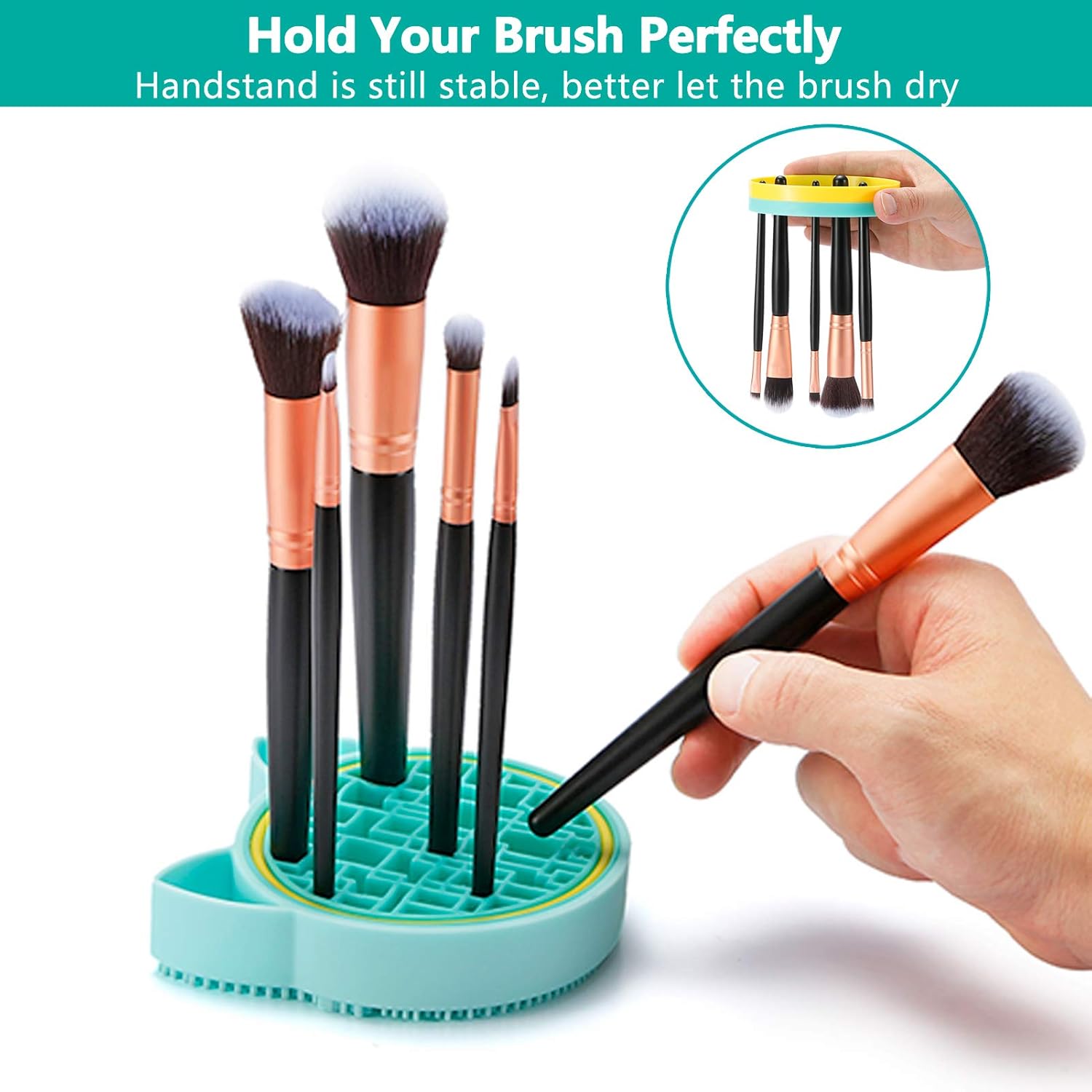 TailaiMei 2 in 1 Makeup Brush Cleaning Mat With Drying Holder, Silicon Cat Shaped Cleaner Pad, Cosmetic Organizer Rack, Portable Washing Tool for Makeup (Green)