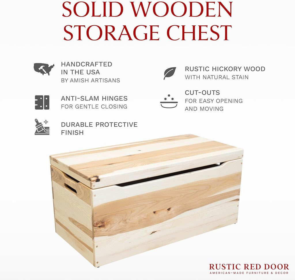 Amish Made Wooden Storage Chest Trunk Box with Lid and Handles for Bedroolanket, Clothes, Anti-Slam Hinges, Handmade, Rustic Hickory Wood, Natural Stain, 36"