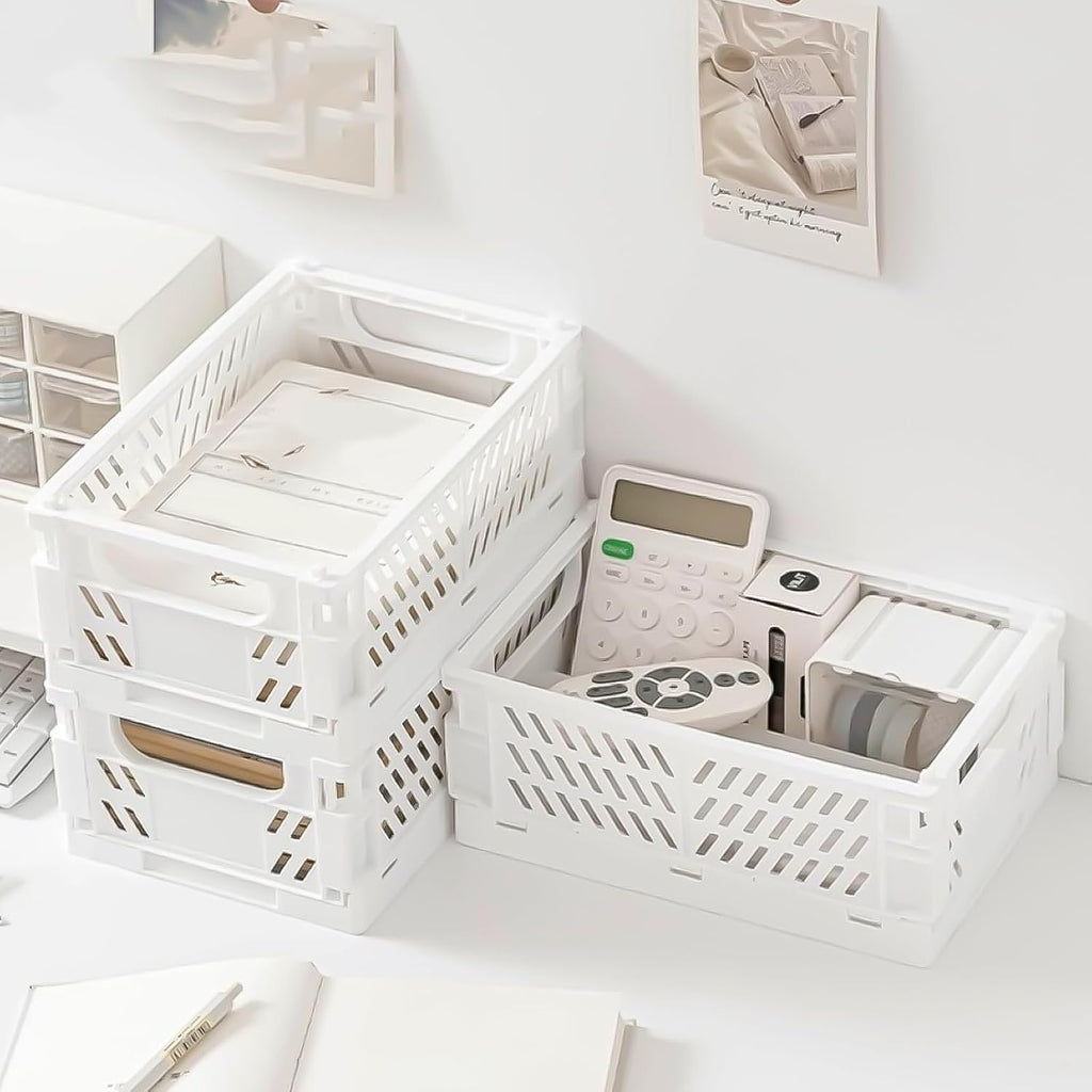 Small Pastel Plastic Storage Bins 2Pcs Foldable Pastel Crates Plastic Basket Colorful Storage Containers Baskets for Classroom Kitchen Office Bedroom Desktop Home Decor (White 5.8" x 3.8" x 2.2")