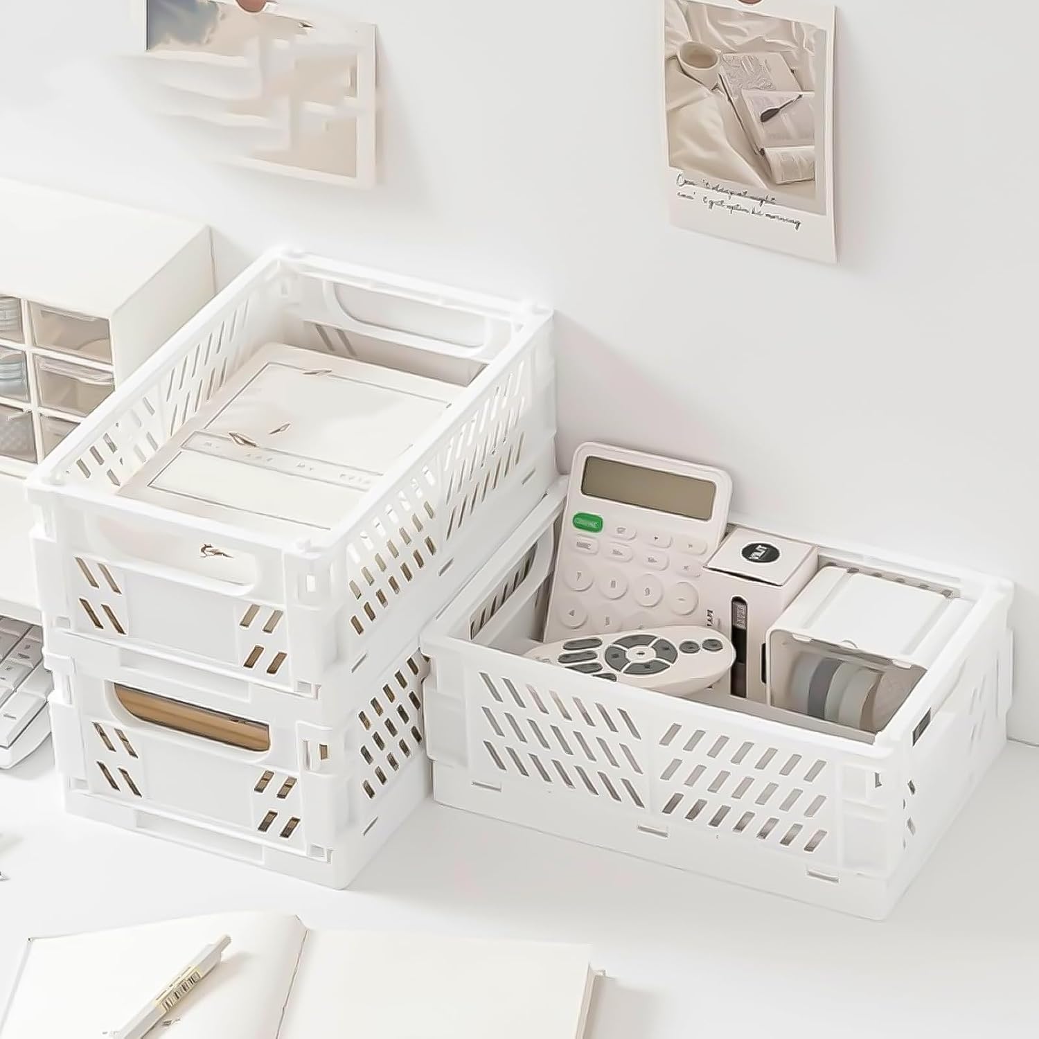 Small Pastel Plastic Storage Bins 2Pcs Foldable Pastel Crates Plastic Basket Colorful Storage Containers Baskets for Classroom Kitchen Office Bedroom Desktop Home Decor (White 5.8" x 3.8" x 2.2")