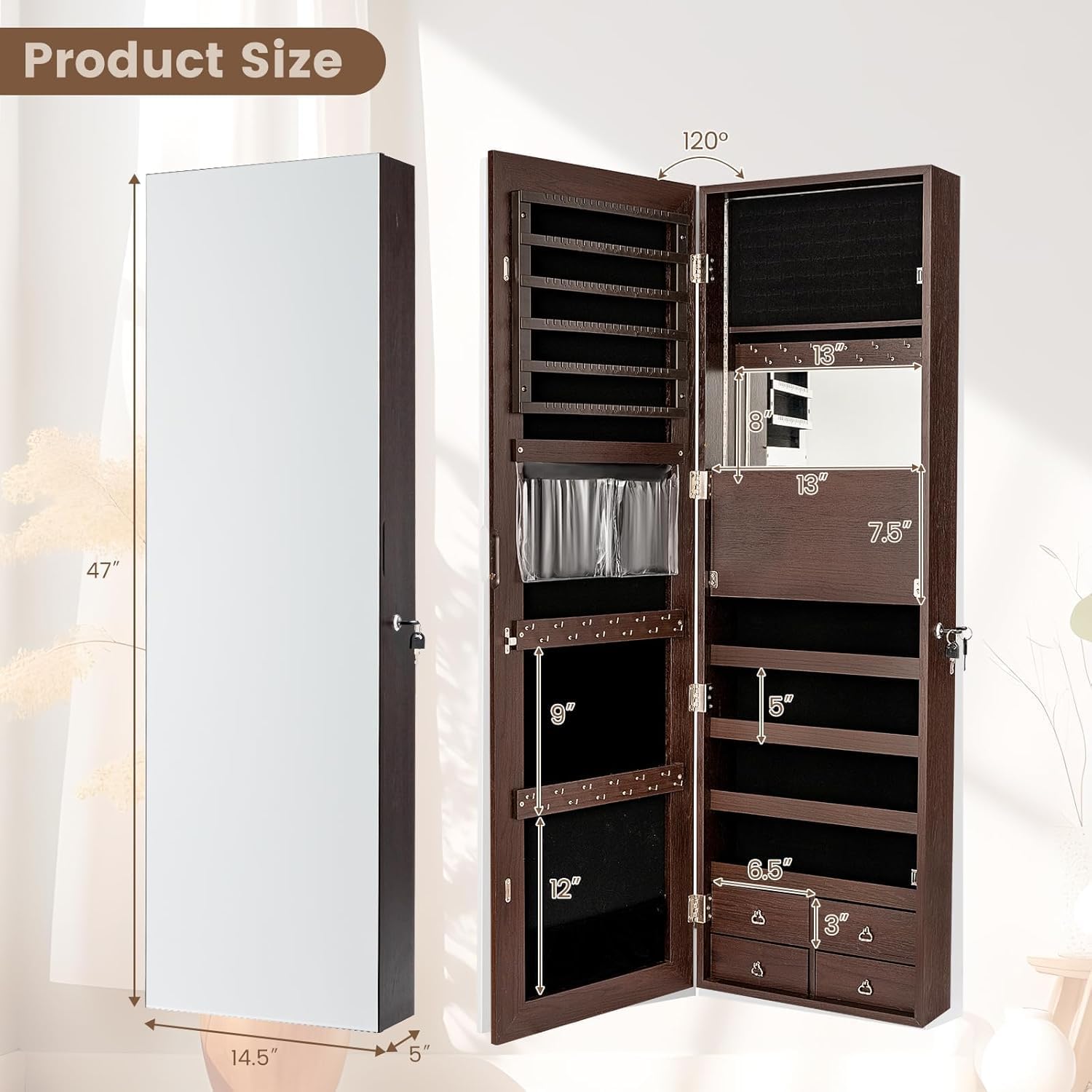 LDAILY 47” LED Jewelry Armoire, Door/Wall Mounted Mirror w/Storage, 4 Shelves, 4 Drawers, Full Length Mirror & Flip-up Makeup Tray, Lockable Jewelry Organizer Cabinet for Women & Girls, Gift (Coffee)