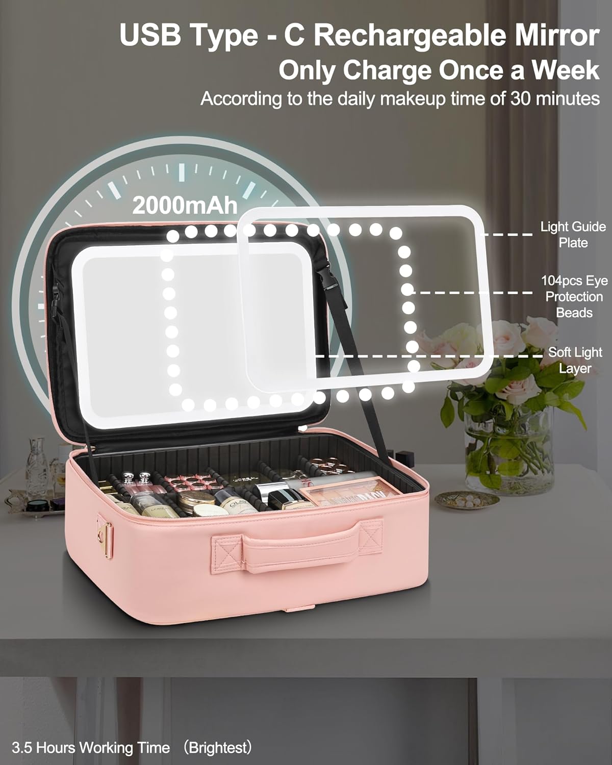 Relavel Makeup Bag with LED Mirror, 16.2 inches Large Makeup Case Travel Portable Cosmetic Organizer Vanity Case for Women, Rechargeable Lighted Mirror Professional Makeup Artists Storage Box (Pink)