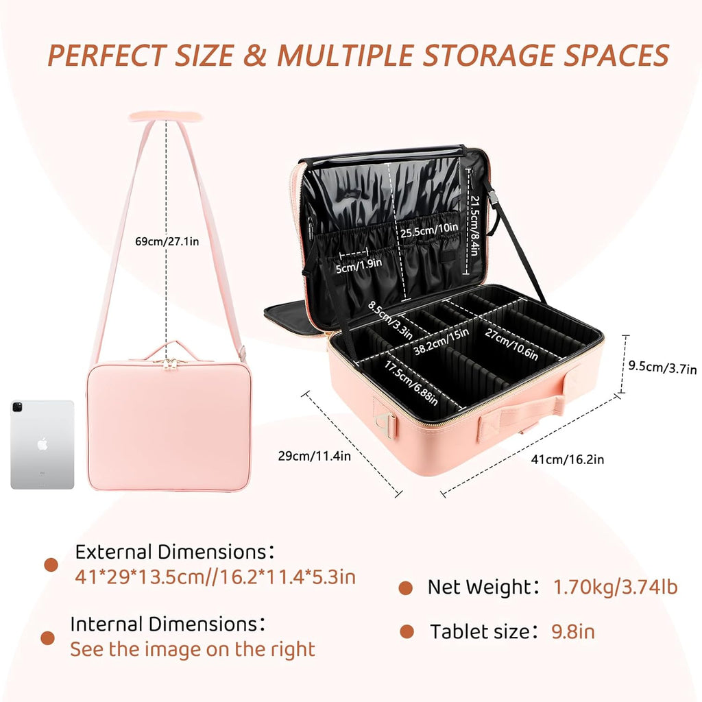 gzcz Large Capacity Travel Makeup Case Organizer,Professional Cosmetic Bags for Women,Waterproof PU Leather Makeup Bag with Adjustable Dividers and Shoulder Strap for Brushes and Jewelry