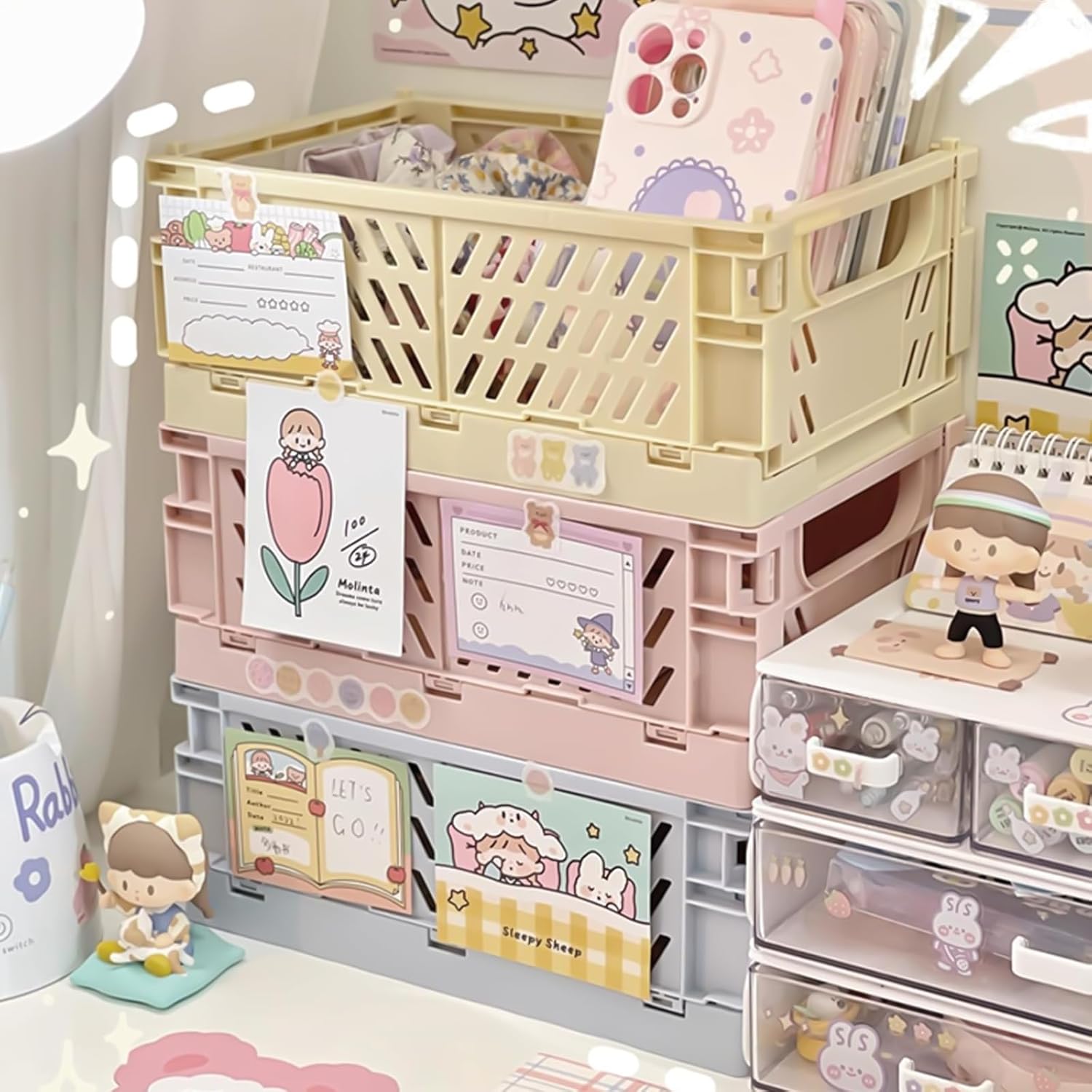 Small Pastel Plastic Storage Bins 2Pcs Foldable Pastel Crates Plastic Basket Colorful Storage Containers Baskets for Classroom Kitchen Office Bedroom Desktop Home Decor (Pink 9.8" x 6.5" x 3.8")