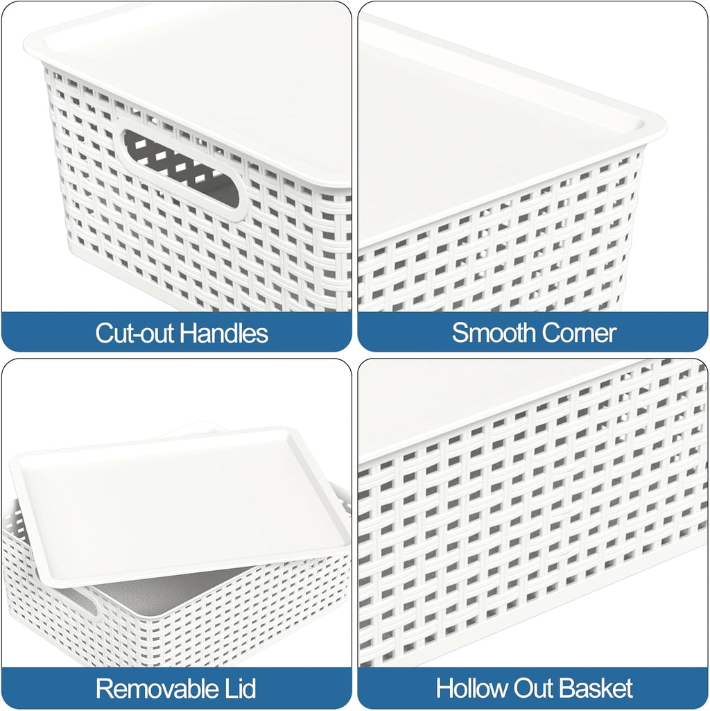 Hespama 6-Pack Plastic Weave Storage Basket with Lid, Stackable Organizer Basket, White