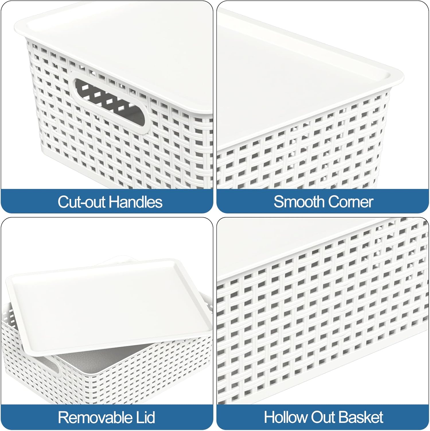 Hespama 6-Pack Plastic Weave Storage Basket with Lid, Stackable Organizer Basket, White