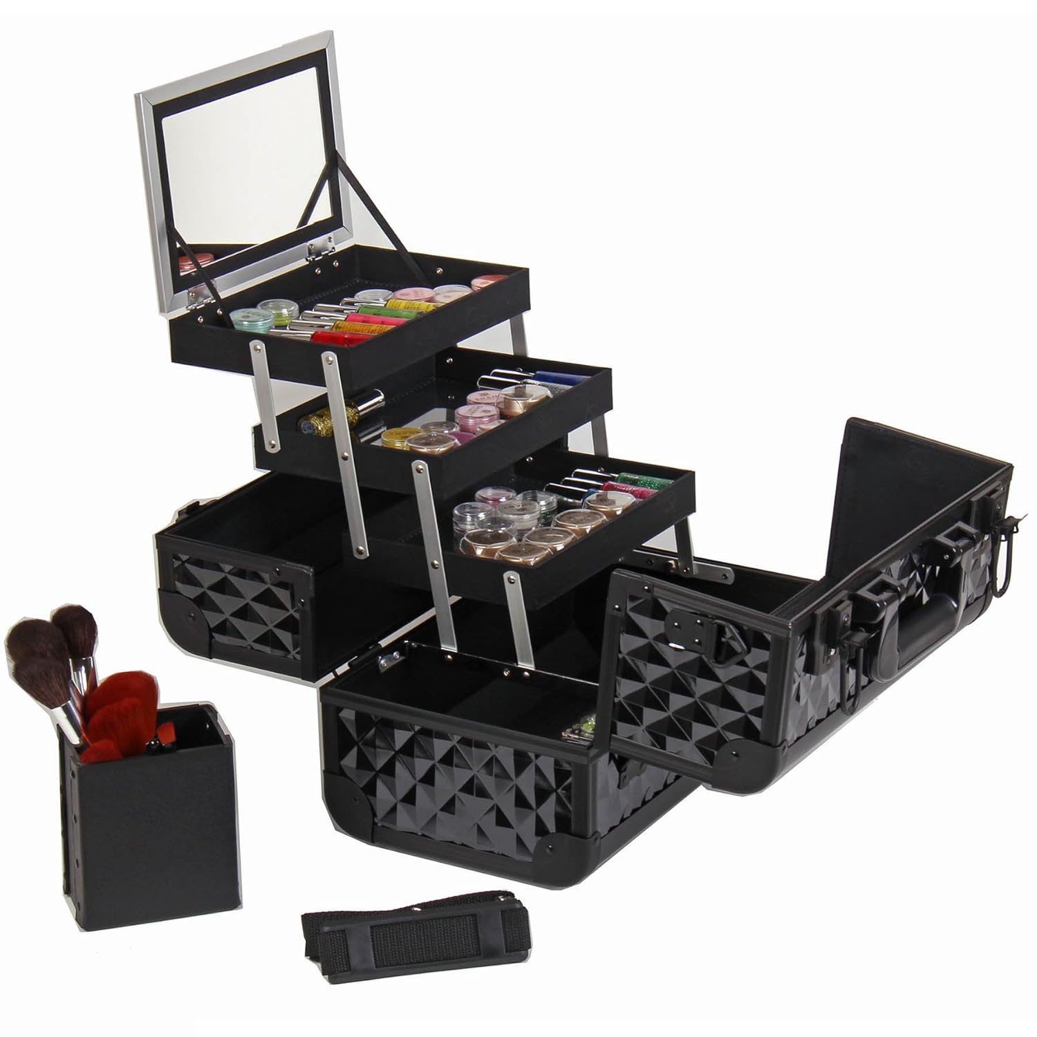 SHANY Premier Fantasy Professional Makeup Train Case Cosmetic Box Portable Make up Case Organizer Jewelry storage with Locks, 3 Trays, Makeup Brush Holder and Cosmetics Mirror - Black Diamond