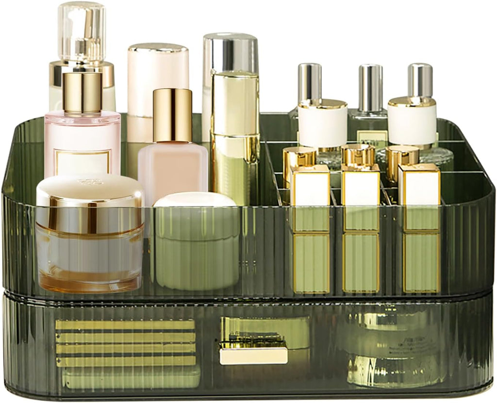 Makeup Organizer with Stackable Drawer, Large Capacity Vanity Organizer for Dresser Bathroom Countertop, Cosmetics Organizer and Display Case for Skincare, Perfume, Makeup Brushes, Lipsticks, Green