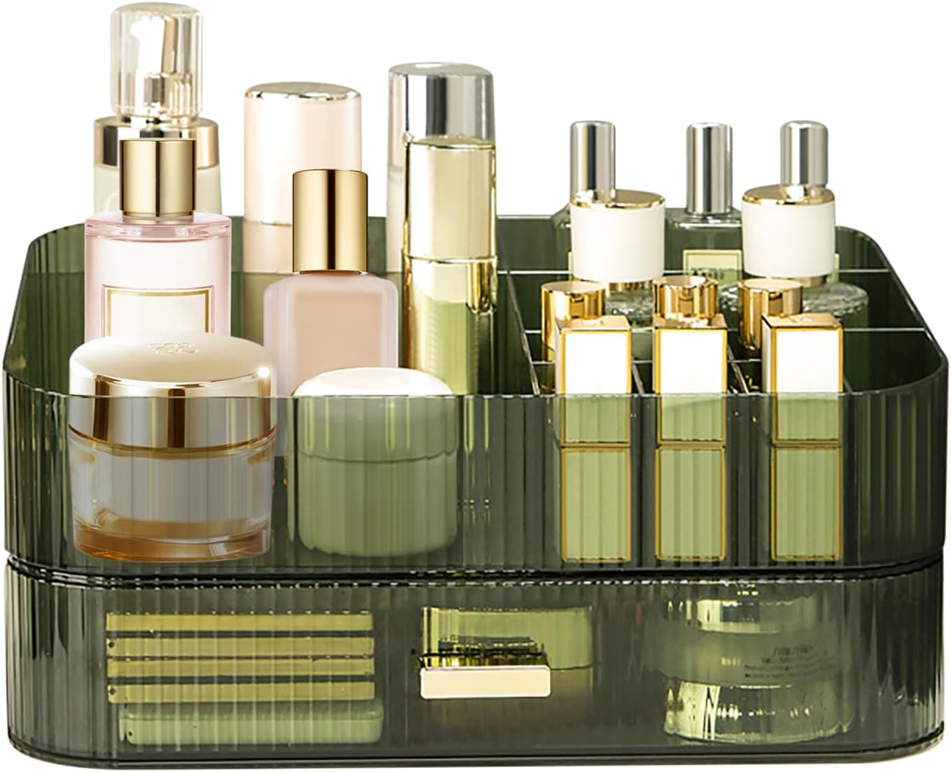 Makeup Organizer with Stackable Drawer, Large Capacity Vanity Organizer for Dresser Bathroom Countertop, Cosmetics Organizer and Display Case for Skincare, Perfume, Makeup Brushes, Lipsticks, Green