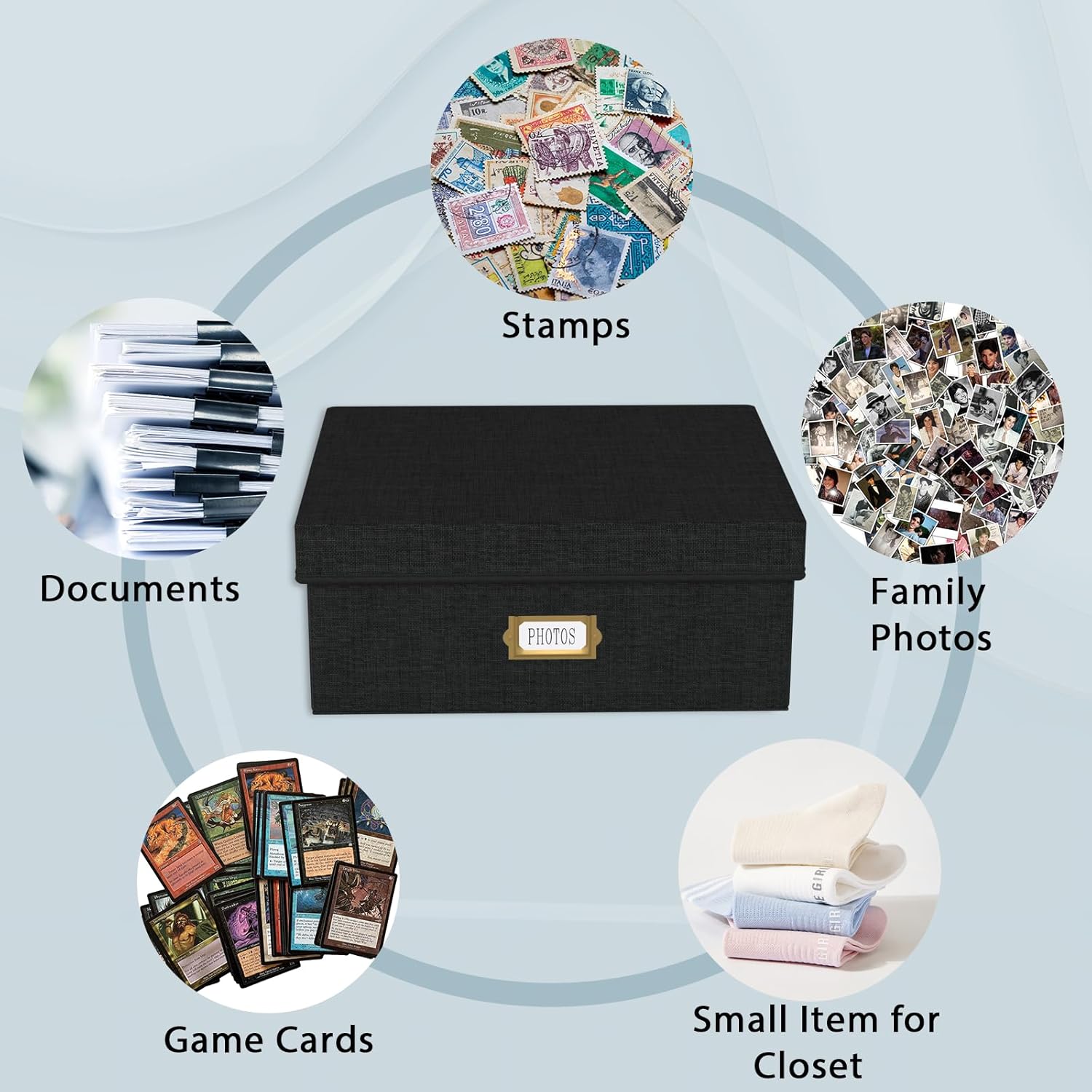 Decorative Photo Storage Box - 2 Pack Linen Photo Box Organizer with Dividers, Fits Holds Up to 1700 Pictures and 4x6 Photos, Memory Keepsake Organizer for Scrapbook Supplies, Cards, Stamps (Black)