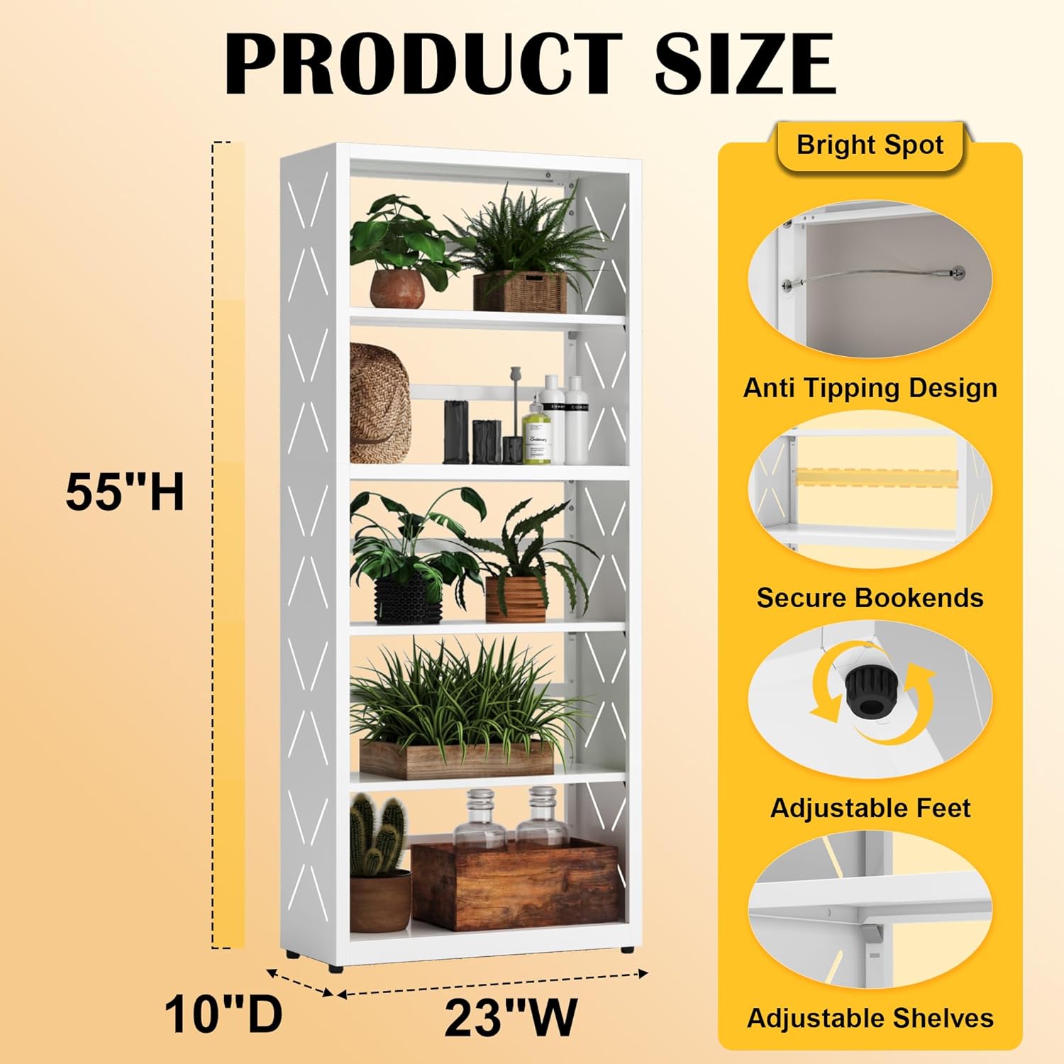 Industrial Bookshelf,5 Tier Bookcase,55" White Metal Tall Bookshelf with Adjustable Feet and Adjustable Shelves,Home Office Bookcase Shelf Storage Organizer for Living Room、Kitchen