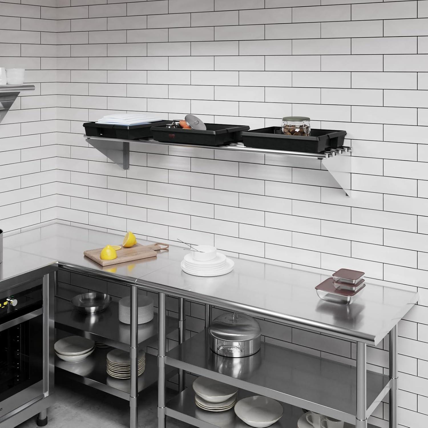 AmGood 14 in. x 60 in. NSF Stainless Steel Tubular Wall Shelf | Heavy-Duty Metal Shelving for Appliances & Equipment | Ideal for Kitchen, Restaurant, Garage, Laundry, Utility Room