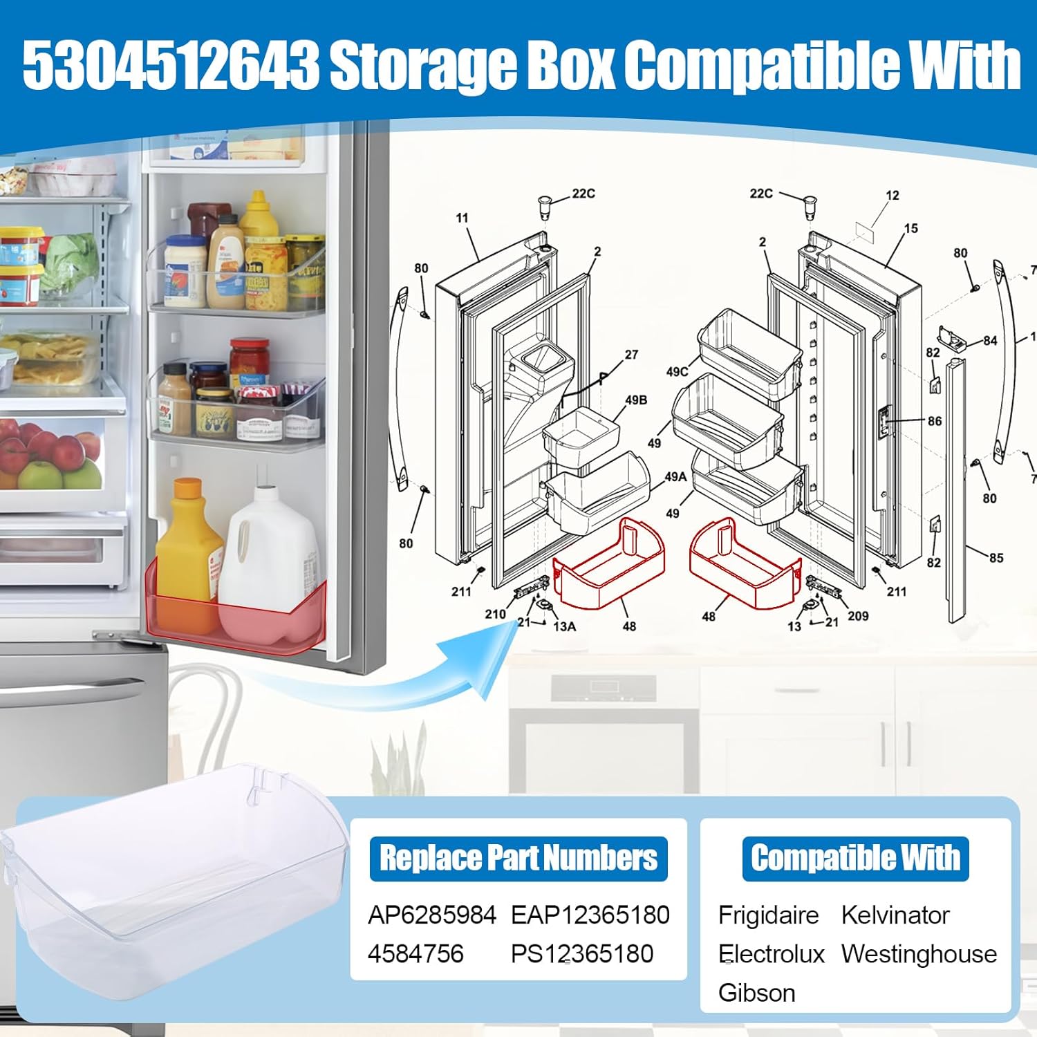 5304512643 Bin-Door Compatible with Electrolux Frigidaire FGHB2868TF4 LGHB2869TD1 Fridge Door Shelf. 5304512643 Refrigerator Door Bin Replace AP6285984 4584756 EAP12365180 PS12365180 Shelf Bin