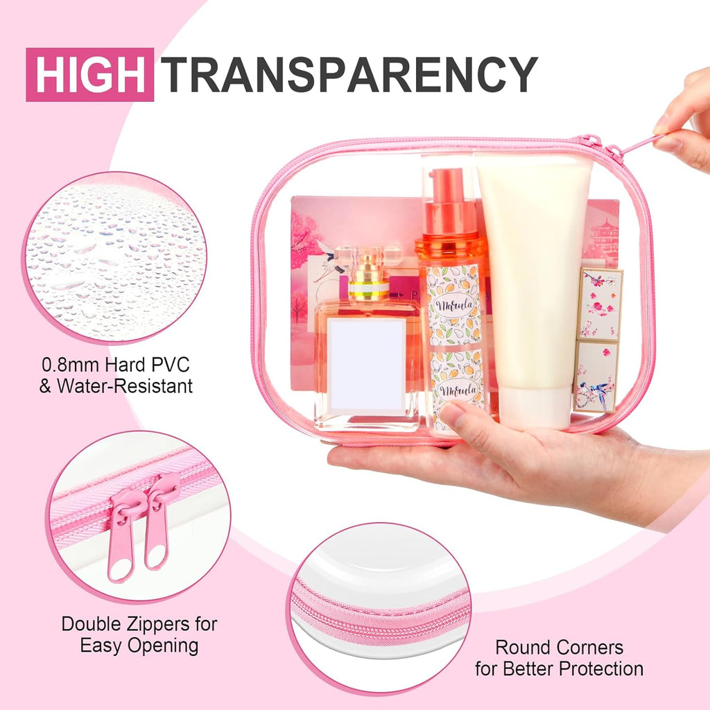 Sanwuta 6 Pcs Clear Hard Zipper Case Hard Plastic Zipper Pouches Transparent Makeup Bag Pencil Pouches for Travel Snacks Christmas Trinket Storage Organizer Box(Pink,7.87 x 5.9 x 2 Inch)
