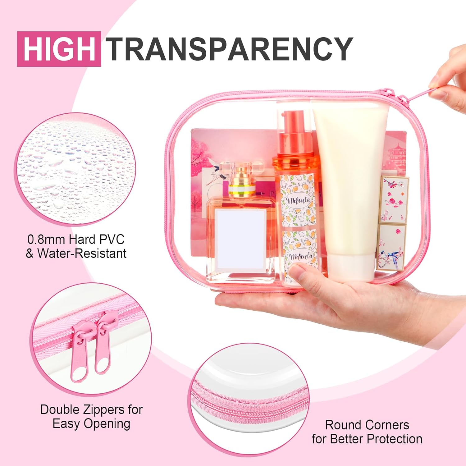 Sanwuta 6 Pcs Clear Hard Zipper Case Hard Plastic Zipper Pouches Transparent Makeup Bag Pencil Pouches for Travel Snacks Christmas Trinket Storage Organizer Box(Pink,7.87 x 5.9 x 2 Inch)