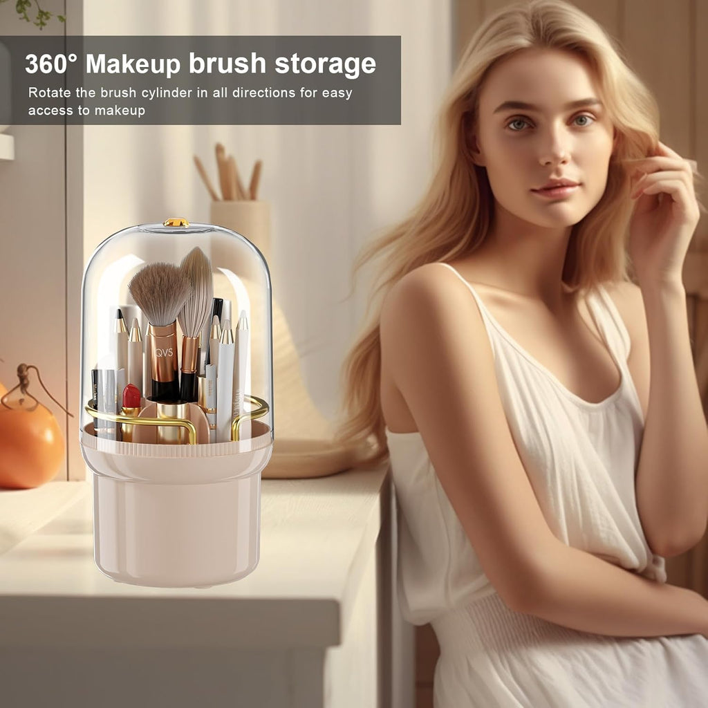 THE LIMIT 360 Degree Rotating Makeup Organizer Box, Dustproof Waterproof, 6 Compartments, Covered Brush Holder, Moisture-Proof, Fits Long Makeup Products, Easy Storage, Large Capacity (Pink)