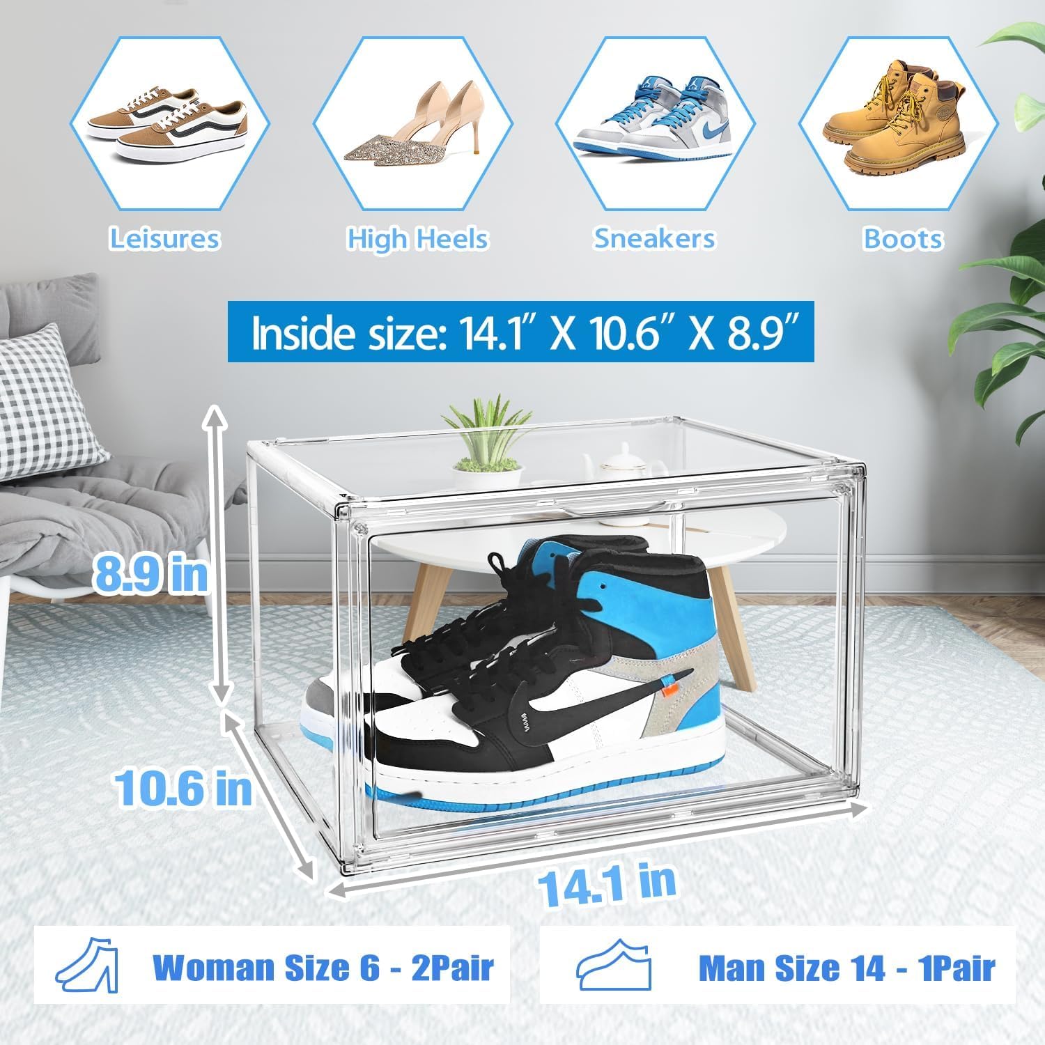 10 Pcs Acrylic Sneaker Shoe Display Case Size 14, Transparent Shoe Box Storage Bins Clear Plastic Stackable Boot Handbag Organizer Containers with Lids