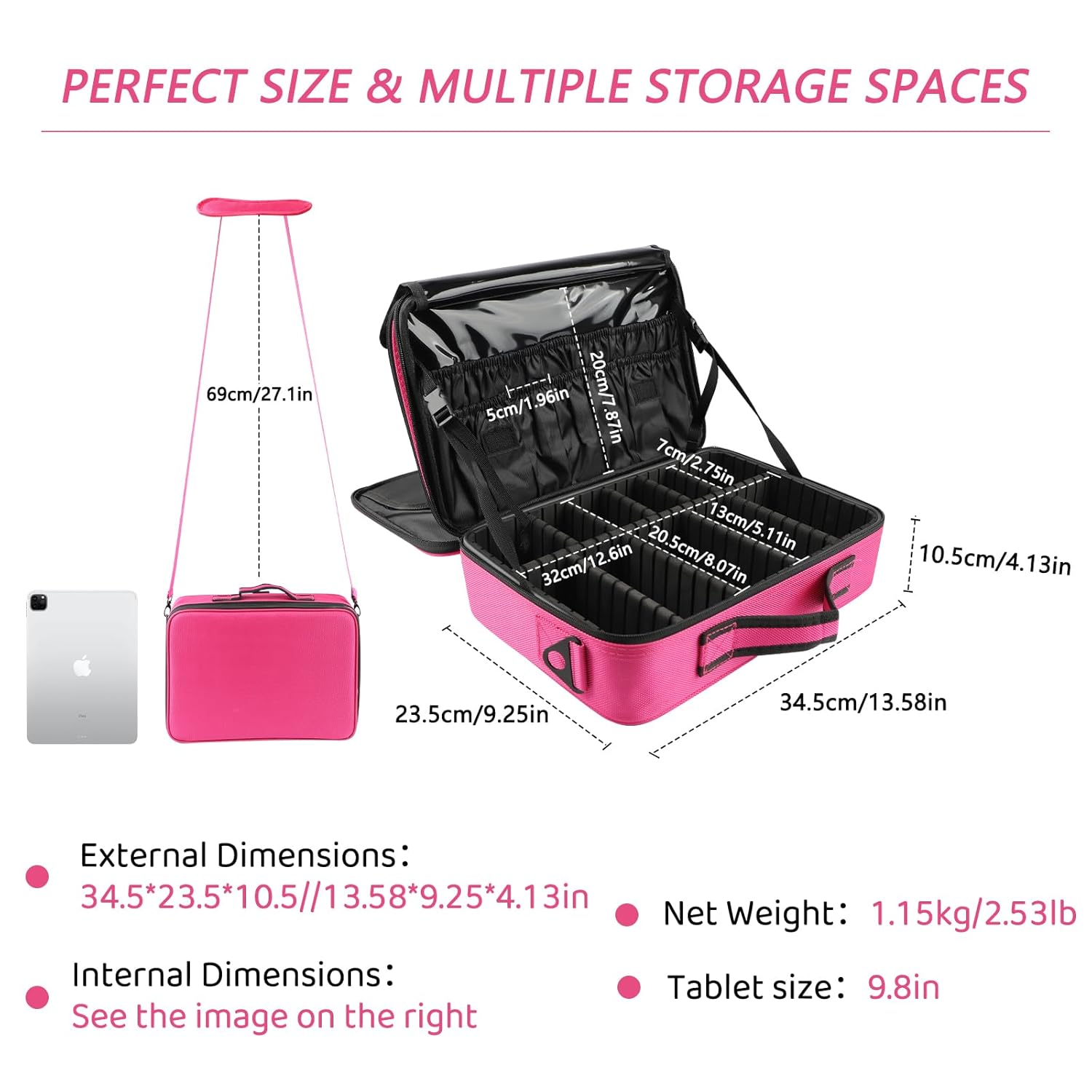 gzcz Travel Makeup Bag,Professional Cosmetic Bags for Women,Portable Makeup Brush Case Organizer Storage with Adjustable Dividers and Shoulder Strap (Medium)