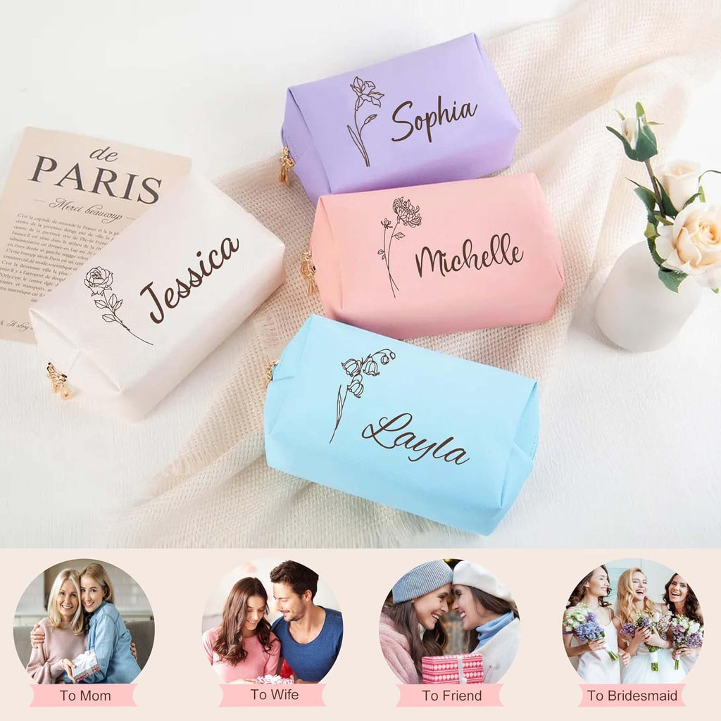Personalized Makeup Bag with Name & Birth Flower, Custom Leather Cosmetic Bags for Women, Customized Travel Toiletry Bag Gifts for Bridesmaid Wedding