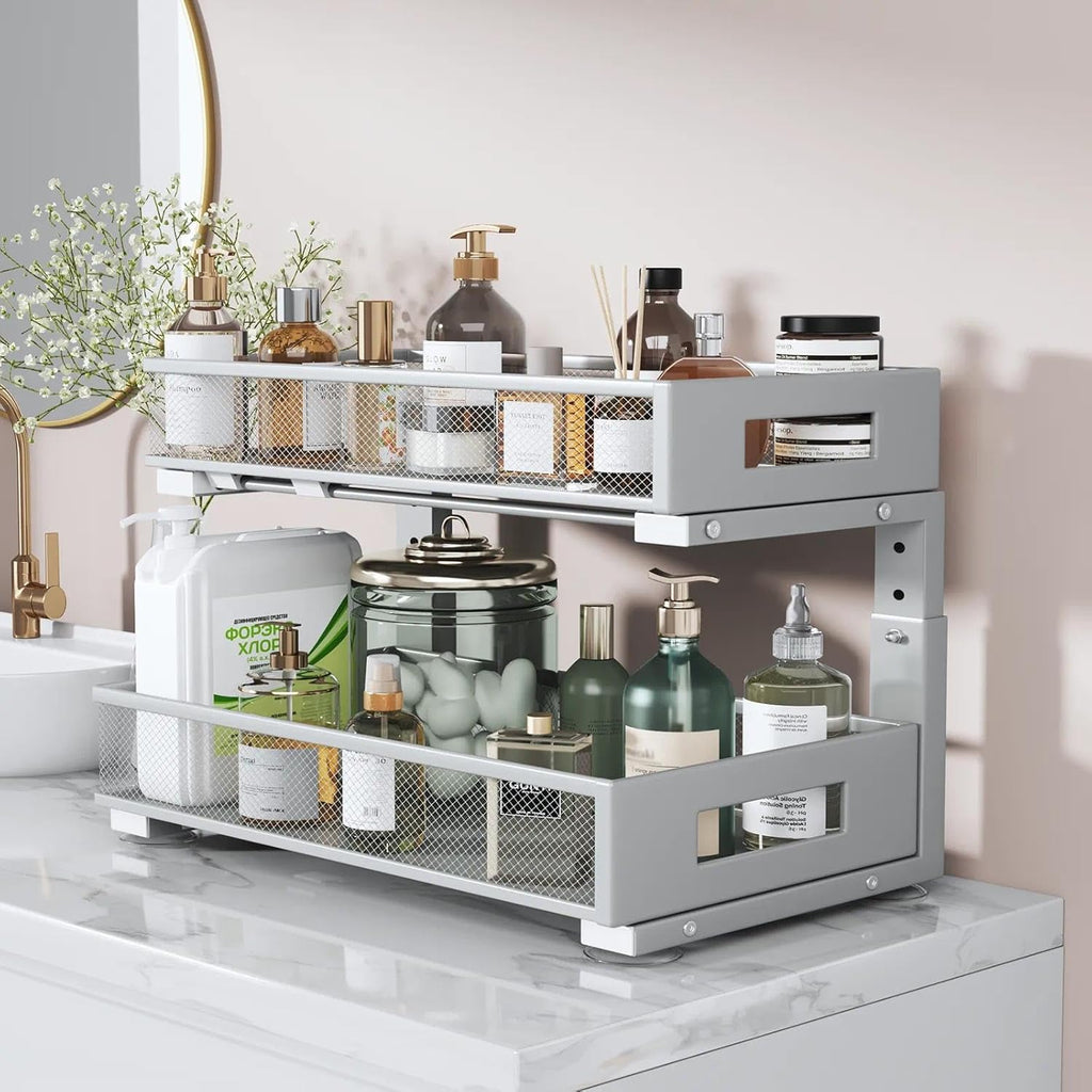 1 Pack 19IN Depth Under Sink Organizer, 2-Tier Pull Out Cabinet Organizer With Smooth Circular Rail, Large Capacity Metal Mesh Sliding Drawers For Bathroom& Kitchen Storage,Height Adjustable-Gun Gray