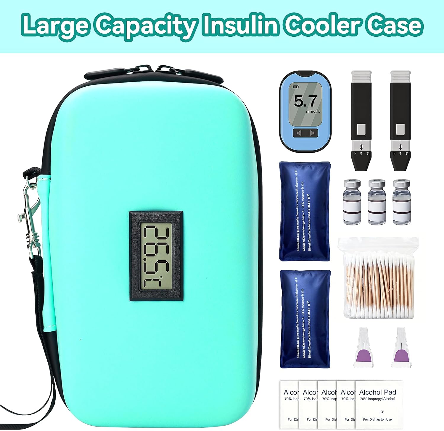 Insulin Cooler Travel Case, TSA Approved Medication Diabetic Cooler Organizer Bag with Thermometer Temperature Display 2 Ice Packs, Green