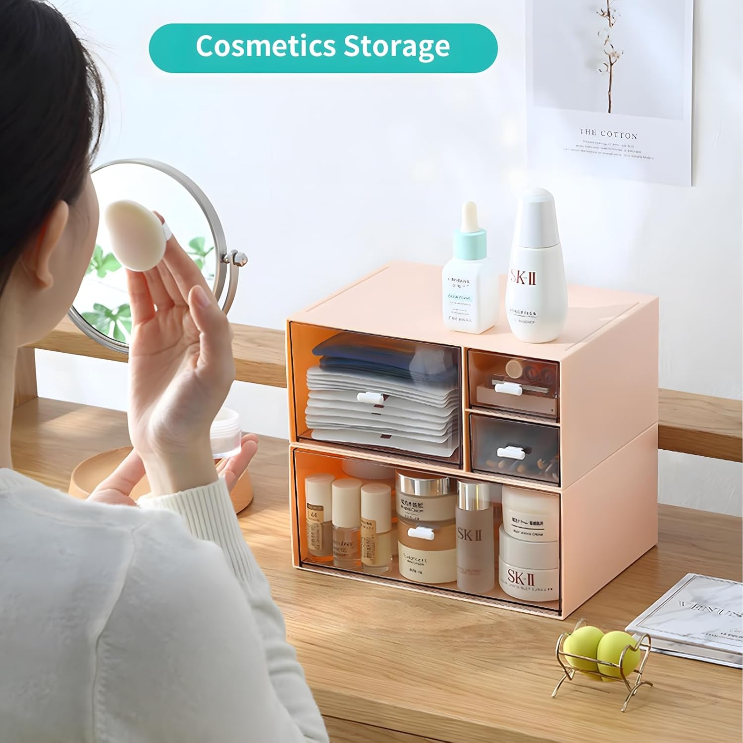 Desk Craft Organizer and Storage with 4 Mixed Drawers, Stackable Plastic Desktop Accessories & Workspace Organizer for Office Stationary, Makeup Skincare, Sanitation Supplies, Pink