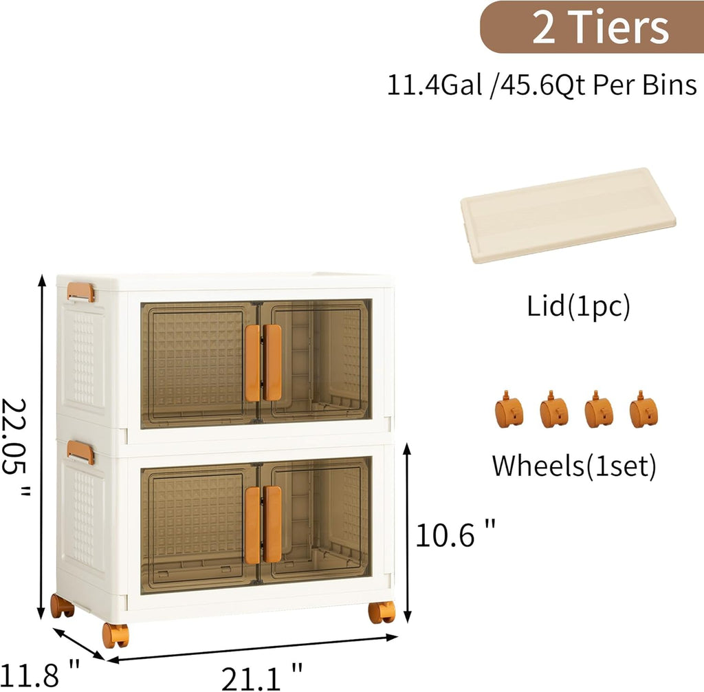 Plastic Stackable Storage Bins with Lids and Wheels, Foldable Closet Organizers and Storage Containers, Collapsible Clear Drawer Storage Cabinet with Doors Ivory White 91.2 QT