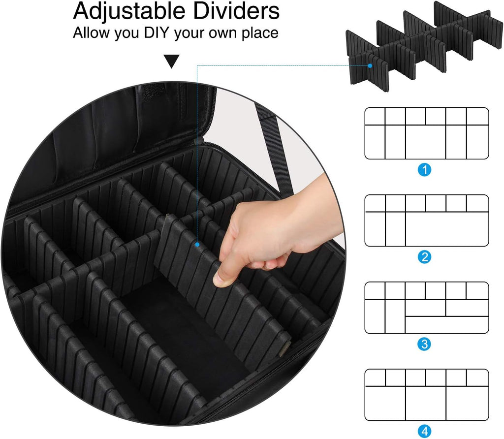 Relavel Makeup Case Large Makeup Bag Professional Train Case 16.5 inches Travel Cosmetic Organizer Brush Holder Waterproof Makeup Artist Storage Box, 3 Layer Large Capacity, with Adjustable Strap