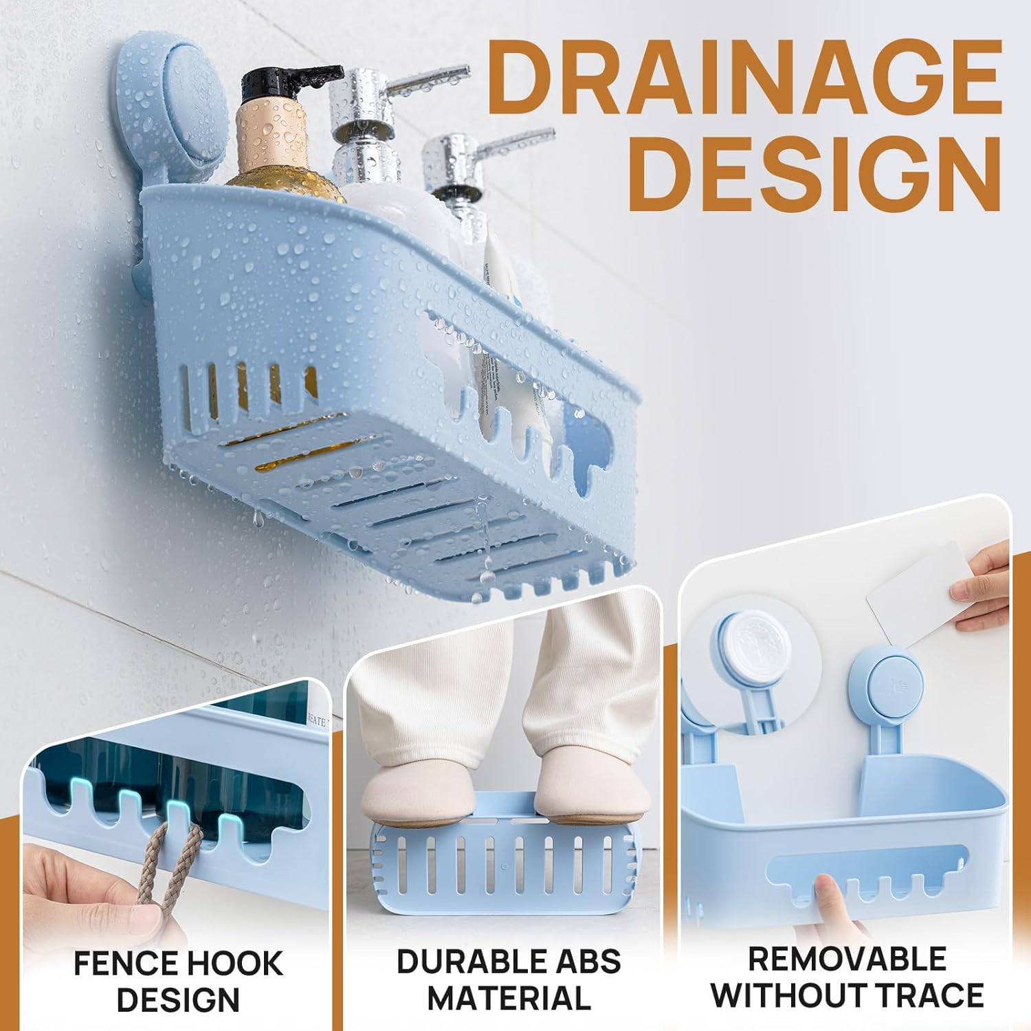 LEVERLOC Shower Caddy Suction Cup 2 Pack, Shower Organizer Removable Bathroom Shelf, Storage Suction Powerful Max Hold 22lbs Bathroom Caddy Waterproof Holder, Blue